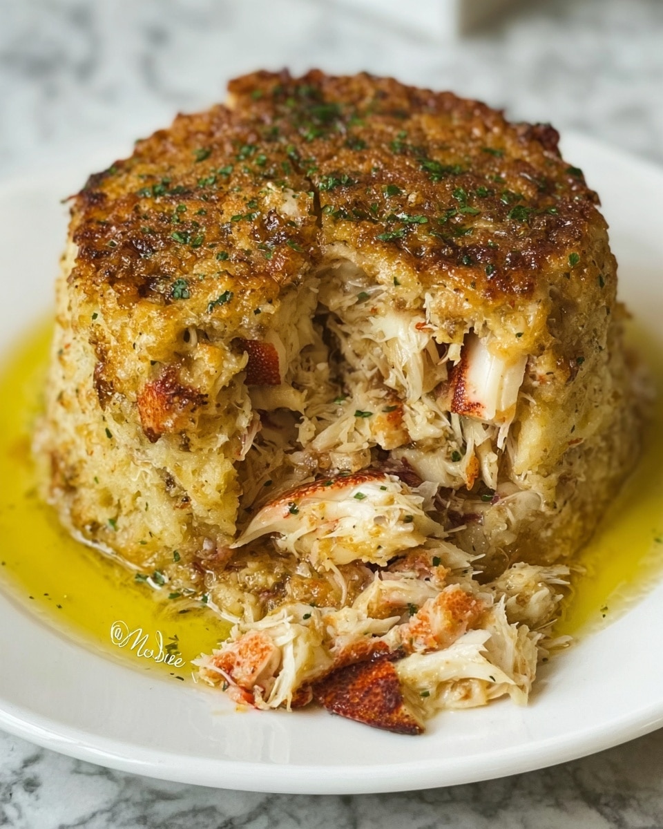 The image shows a tall, round mound of moist crab cake on a white plate with golden yellow oil pooling around the base. The crab cake has a textured top layer with green herbs sprinkled on it. Inside, layers of chunky crab meat and bits of browned crust are visible as the cake has been broken open, revealing soft, flaky crab with mixed orange and white colors. The plate sits on a white marbled surface. photo taken with an iphone --ar 4:5 --v 7