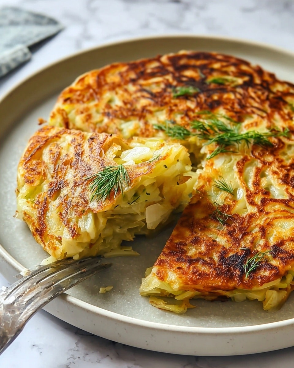 A round, golden-brown cabbage pancake with a crispy, slightly uneven surface sits on a white plate. The pancake has visible layers of soft, cooked cabbage inside that are light green and pale yellow. Small dill sprigs are scattered on top, adding green accents. A silver fork gently lifts a triangular slice, showing the moist, textured inside of the pancake. The plate rests on a white marbled surface. photo taken with an iphone --ar 4:5 --v 7