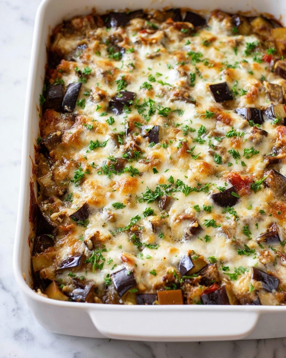 A baked casserole dish with three visible layers starting from the bottom: diced dark purple eggplants and some light brown vegetables, followed by a melted creamy white cheese layer with slightly browned spots, and topped with chopped green parsley sprinkled evenly over the surface. The casserole has a textured mix of soft roasted vegetables and gooey cheese in a white rectangular baking dish, all placed on a white marbled surface. Photo taken with an iphone --ar 4:5 --v 7