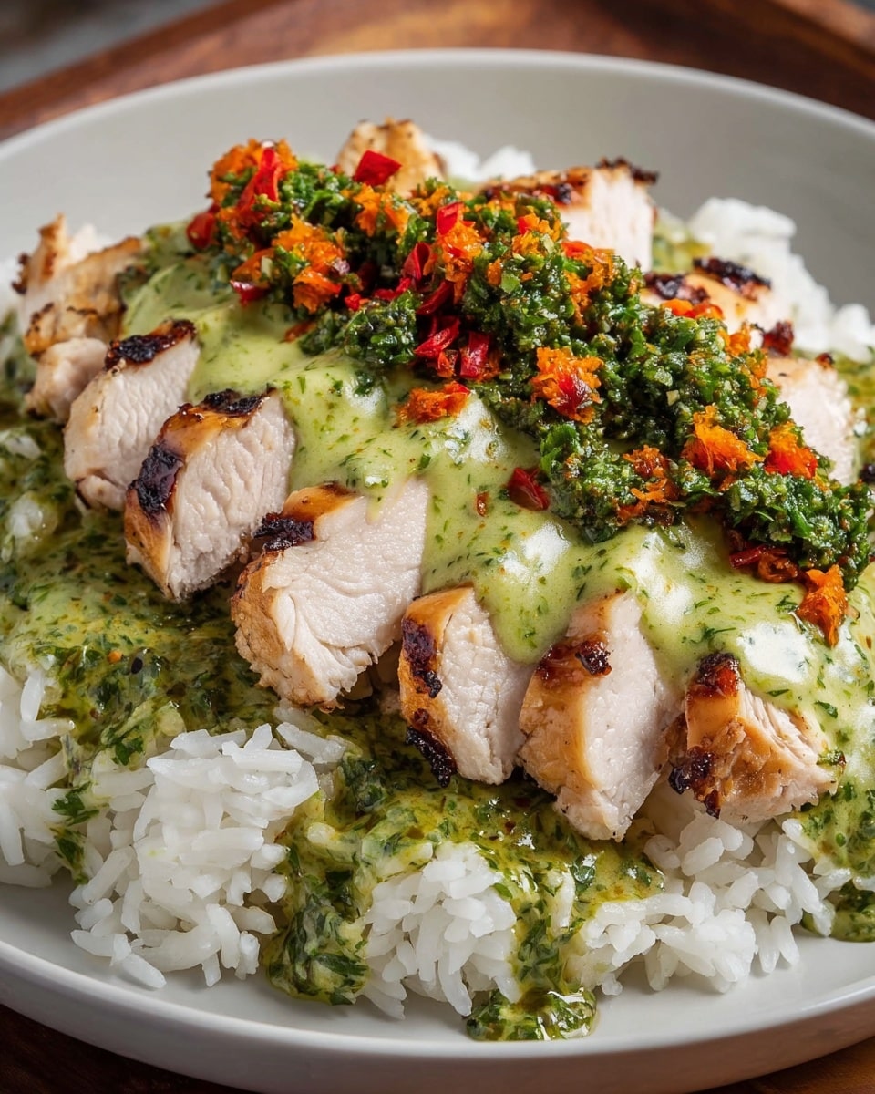 The dish shows a base layer of white steamed rice with small bits of orange and red garnish scattered on top, creating tiny bright spots. On top of the rice, there is a layer of grilled chicken slices arranged close together, each slice showing a mix of light brown cooked edges and juicy white meat inside. Covering the chicken are thick dollops of light green sauce with visible green herb bits spread unevenly, adding a creamy texture and fresh look. The dish is presented on a white plate, resting on a white marbled surface. Photo taken with an iphone --ar 4:5 --v 7