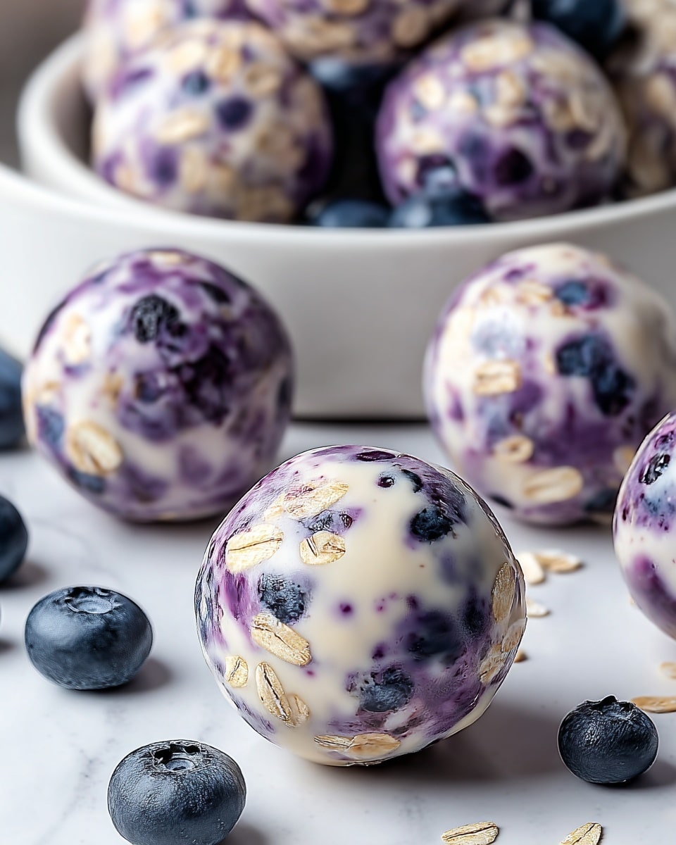 The image shows smooth, round snack balls with a mixed layer of creamy white and purple color, speckled with dark blueberries and light oat flakes embedded inside the surface. Each ball appears shiny and slightly glossy, with a soft texture that highlights the oats and berries within. The balls are placed on a white marbled surface with a white plate in the background holding more of the same balls along with scattered blueberries. The overall look is fresh, healthy, and vibrant, with a mix of cool purples, dark blues, beige, and creamy white tones. photo taken with an iphone --ar 4:5 --v 7