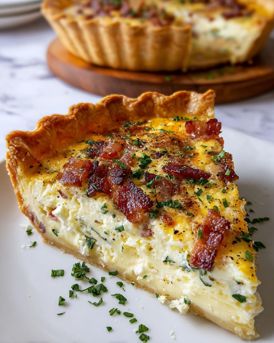A close-up view of a slice of quiche shows three layers: a golden-brown, flaky crust with crimped edges at the bottom; a thick, creamy middle layer of pale yellow egg and cheese mixed with small green herbs; and the top layer with browned, slightly crispy pieces of bacon and scattered green herbs, lightly speckled with black pepper. The slice sits on a clean white plate with some green herb bits around it, and a whole quiche in the background on a wooden board. The surface beneath is a white marbled texture. Photo taken with an iphone --ar 4:5 --v 7