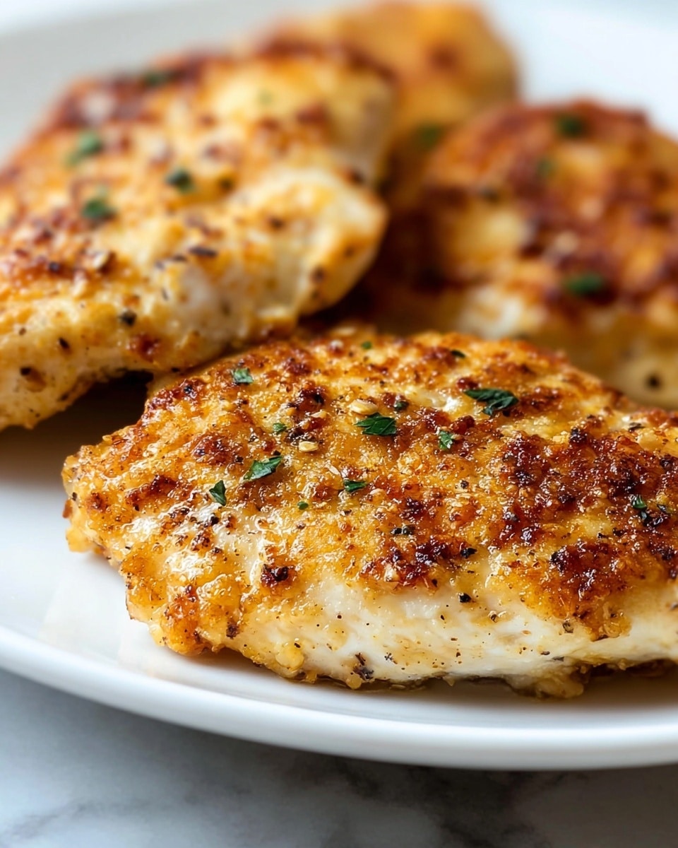 The image shows three pieces of golden-brown cooked chicken that have a crispy, slightly rough texture on top with small browned spots, indicating a well-seasoned crust. Each piece has a light sprinkling of small green herb leaves on the surface, adding a pop of color. The chicken is placed closely together on a white plate, which sits on a white marbled surface. The close-up shot captures the details of the crunchy, slightly uneven top layer and the tender, lighter interior visible on the edges. photo taken with an iphone --ar 4:5 --v 7