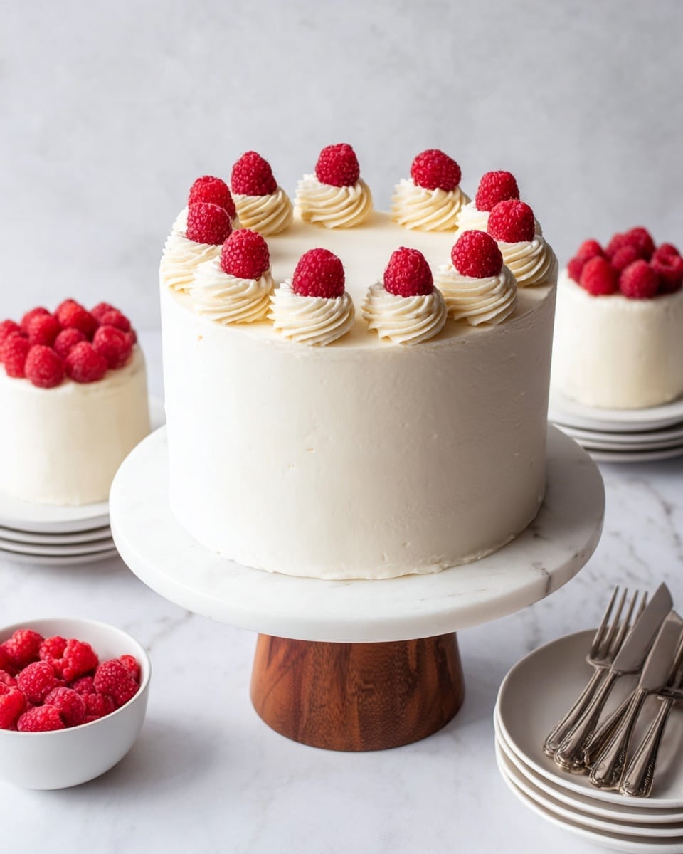 A tall, smooth white frosted cake stands on a white marble cake stand with a wooden base, featuring eight evenly spaced swirls of creamy white frosting on top, each topped with a bright red raspberry, forming a circle. The cake’s sides are flawless and creamy in texture, with no decorations. In the background are two smaller cakes, each decorated on top with a ring of raspberries, and in the foreground is a small white bowl filled with fresh raspberries. To the right, there is a stack of two white plates with three silver forks resting on top. The entire scene is set on a white marbled surface. photo taken with an iphone --ar 4:5 --v 7