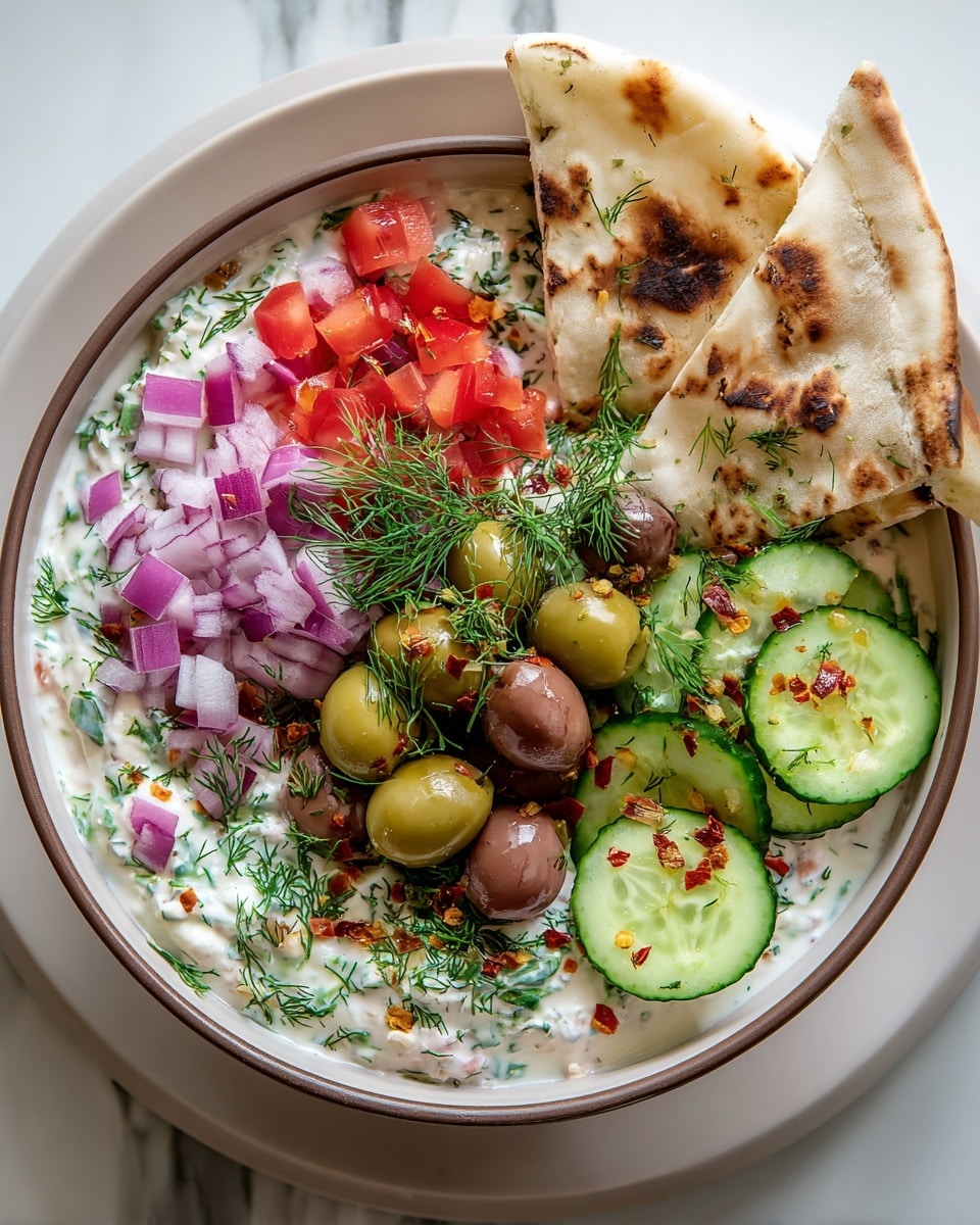 The image shows a bowl with a creamy white base mixed with green herbs topped with several fresh ingredients. On the left are small red tomato cubes and chopped purple onions with sprinkles of fresh green dill. In the center, there is a cluster of green and brown olives. On the right side, several thin slices of light green cucumber are garnished with red chili flakes. Two folded pieces of flatbread with brown char marks rest at the top right of the bowl, next to fresh dill sprigs. The bowl is placed on a white plate over a white marbled surface. photo taken with an iphone --ar 4:5 --v 7