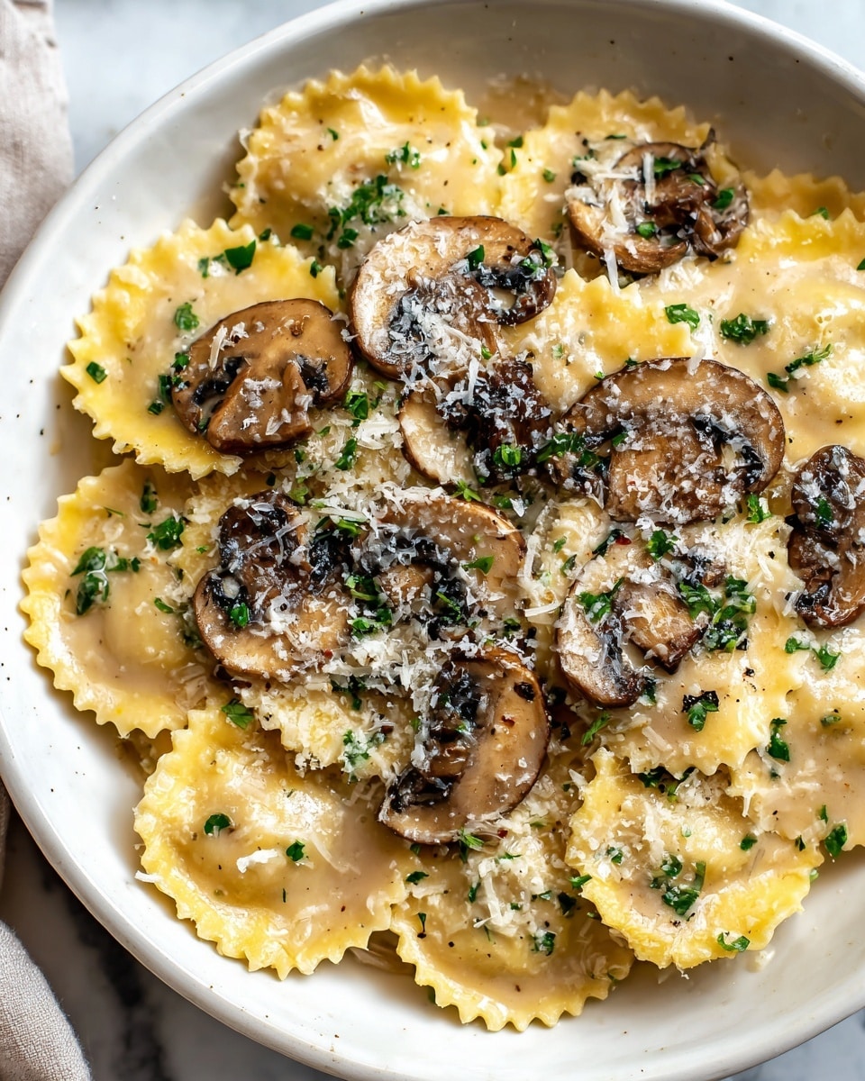 The image shows a white bowl filled with one layer of round ravioli pasta covered in a light brown creamy mushroom sauce. On top, there are many slices of cooked brown mushrooms scattered evenly across the dish. The sauce has a smooth and slightly thick texture, coating the pasta and mushrooms well. Fresh small green parsley pieces are sprinkled on top, adding a pop of color. A layer of finely grated white cheese covers parts of the sauce and mushrooms, melting slightly into the sauce. The bowl is placed on a white marbled surface with a light beige cloth nearby. photo taken with an iphone --ar 4:5 --v 7