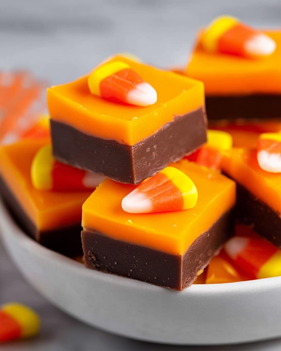 The image shows a stack of square-shaped fudge pieces in a white bowl. Each piece has two layers: the bottom layer is dark brown and smooth, while the top layer is bright orange with a shiny surface. On top of each fudge piece is a single candy corn with three colors—yellow at the base, orange in the middle, and white at the tip—placed in the center. The background is a white marbled texture with some blurred candy corns visible. The photo taken with an iphone --ar 4:5 --v 7