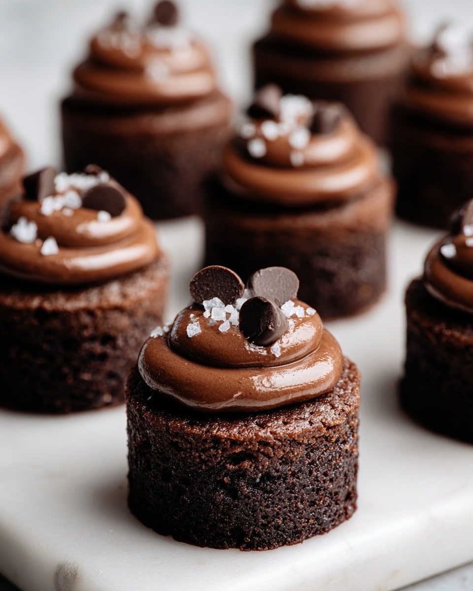 Small round chocolate cakes with one thick layer of dark brown, moist cake at the bottom topped by a smooth, shiny swirl of rich chocolate frosting. On top of each frosting swirl are two chocolate chips and a few coarse salt crystals scattered lightly. The cakes are evenly spaced on a white marbled surface, with some cakes blurred in the background. The texture of the cake looks soft and crumbly, and the frosting appears creamy and rich. photo taken with an iphone --ar 4:5 --v 7
