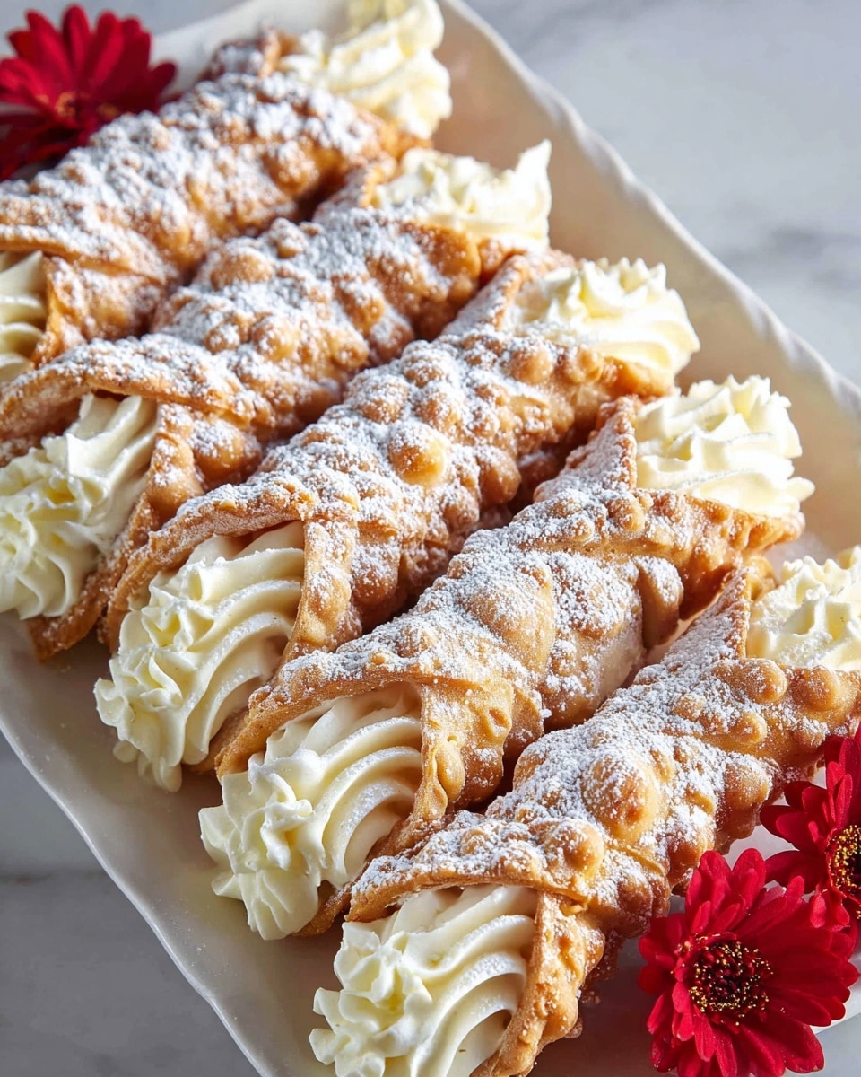 A white rectangular dish filled with multiple crispy golden-brown cannoli shells, each about two layers thick with a rough, bubbly texture on the outside. The shells are filled generously to the ends with smooth, creamy white filling that is piped in a ridged, swirl pattern, slightly overflowing at the openings. The cannoli are dusted with powdered sugar, creating a light white coating on the shells. Bright red flowers are placed on one side of the dish, adding a pop of color against the white marbled surface beneath. photo taken with an iphone --ar 4:5 --v 7