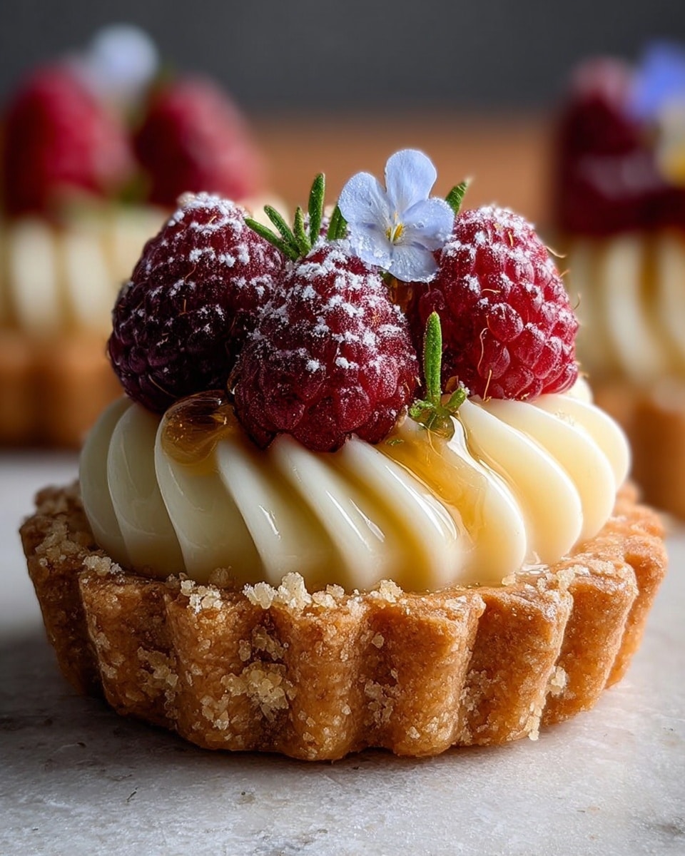 The image shows a small tart with three main layers, sitting on a white marbled textured surface. The bottom layer is a thick, crumbly golden-brown crust with a rough texture and scalloped edges. Above it, there is a smooth, creamy white filling with soft, wavy peaks that look rich and glossy. On top, three red raspberries dusted lightly with powdered sugar are arranged neatly, along with a small drizzle of golden honey that catches the light. A tiny green herb sprig and a small pale blue edible flower add a delicate finishing touch. Photo taken with an iphone --ar 4:5 --v 7