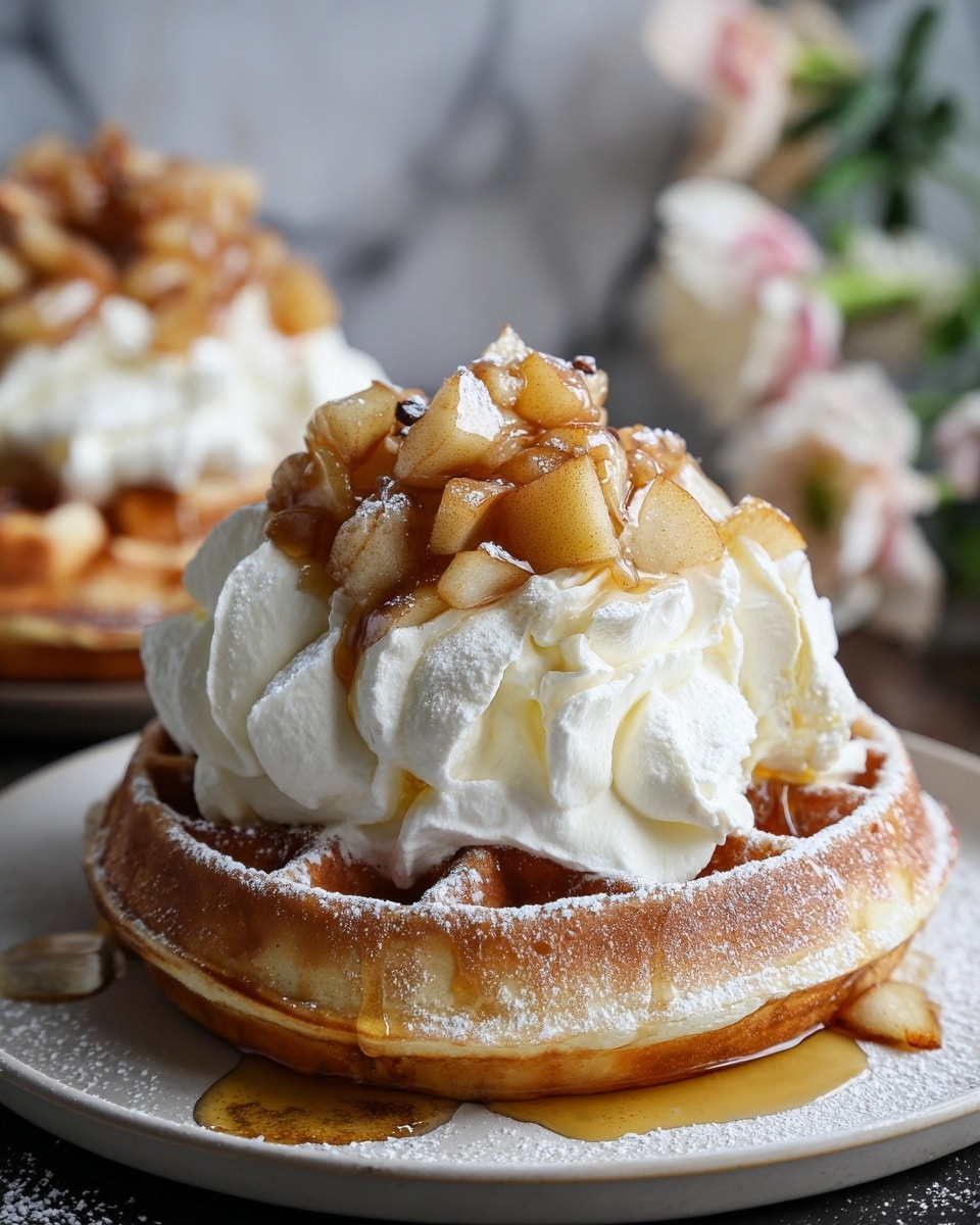 A thick, golden-brown waffle forms the base layer, topped with a generous, fluffy mound of white whipped cream. Sitting on the whipped cream are small, soft apple slices mixed with a chunky cinnamon-spiced apple compote, light brown in color, glistening with syrup. The whole waffle is lightly dusted with white powdered sugar, and there are small drips of amber syrup around the edges on a white plate. The background is a blurred white marbled texture with some out-of-focus flowers for a soft, cozy feel. photo taken with an iphone --ar 4:5 --v 7
