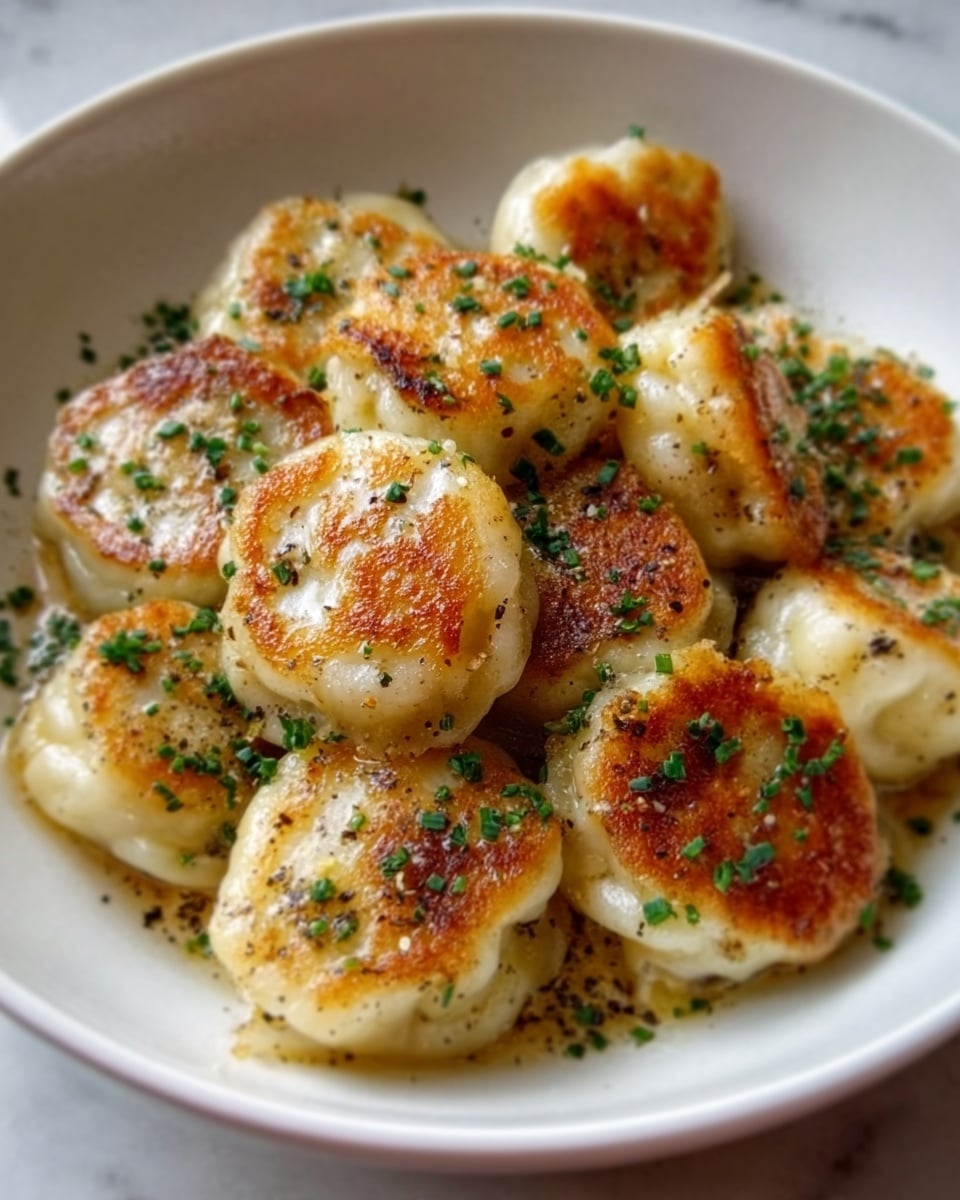A white bowl filled with a single layer of golden-brown pan-fried dumplings, each dumpling round with a crisp, slightly charred texture on top and smooth, soft dough on the sides. The dumplings are sprinkled with finely chopped fresh green herbs and a light dusting of black pepper, creating a fresh and appetizing look. The bowl is set on a white marbled surface. photo taken with an iphone --ar 4:5 --v 7