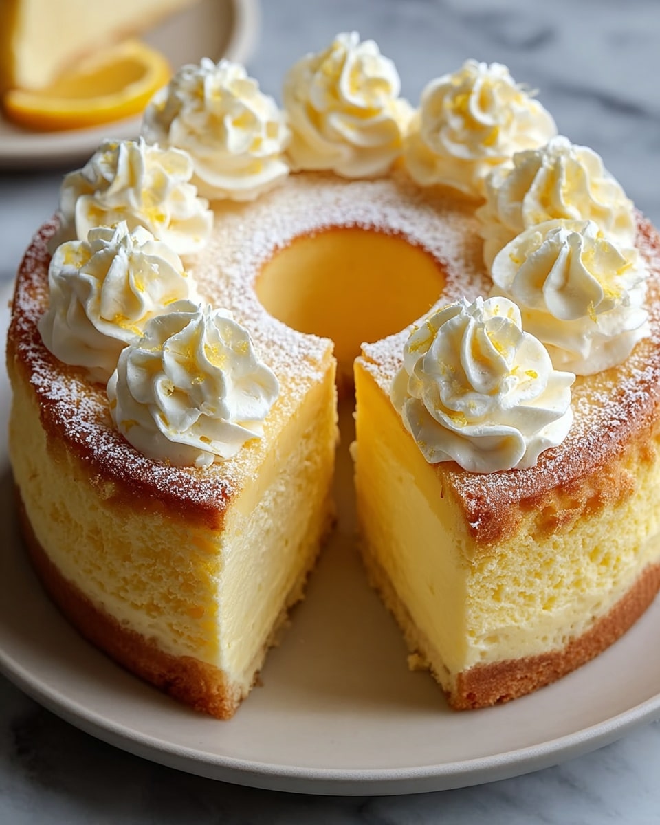 A two-layer yellow cheesecake with a light brown crust at the bottom sits on a white plate, with one slice cut out showing the soft, airy texture inside. The top is dusted lightly with white powdered sugar and decorated with eight evenly spaced swirls of creamy white whipped topping around the edge. The cake has a smooth surface with a slight golden-brown tint on top and a circular hole in the middle, resembling a bundt shape. The image is set on a white marbled surface. photo taken with an iphone --ar 4:5 --v 7