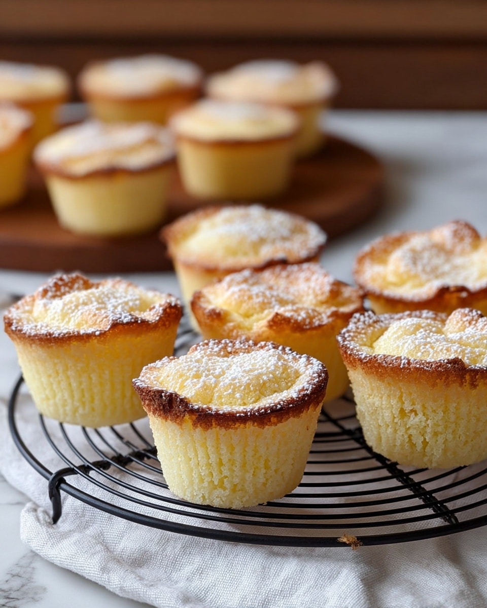 A group of golden brown baked cupcakes with slightly crispy edges and soft, pale yellow centers sit on a black cooling rack. Each cupcake has a slightly uneven, crinkled top sprinkled lightly with powdered sugar. The cooling rack rests on a white cloth that covers a wooden table, with more cupcakes blurred in the background. The overall setting has a warm, cozy feeling with a white marbled texture in the background. photo taken with an iphone --ar 4:5 --v 7