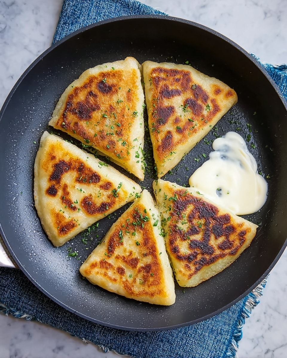 The image shows five golden brown, crispy fried flatbreads cut into triangular pieces, arranged in a circular pattern inside a black pan. Each triangle has a browned, slightly charred top layer with visible crispy texture and small green herb specks sprinkled on them. In the pan, there is a small dollop of melting white butter near the flatbreads, adding a creamy contrast to the crunchy surface. The pan rests on a blue cloth with white patterns, and the overall background is a white marbled texture. photo taken with an iphone --ar 4:5 --v 7