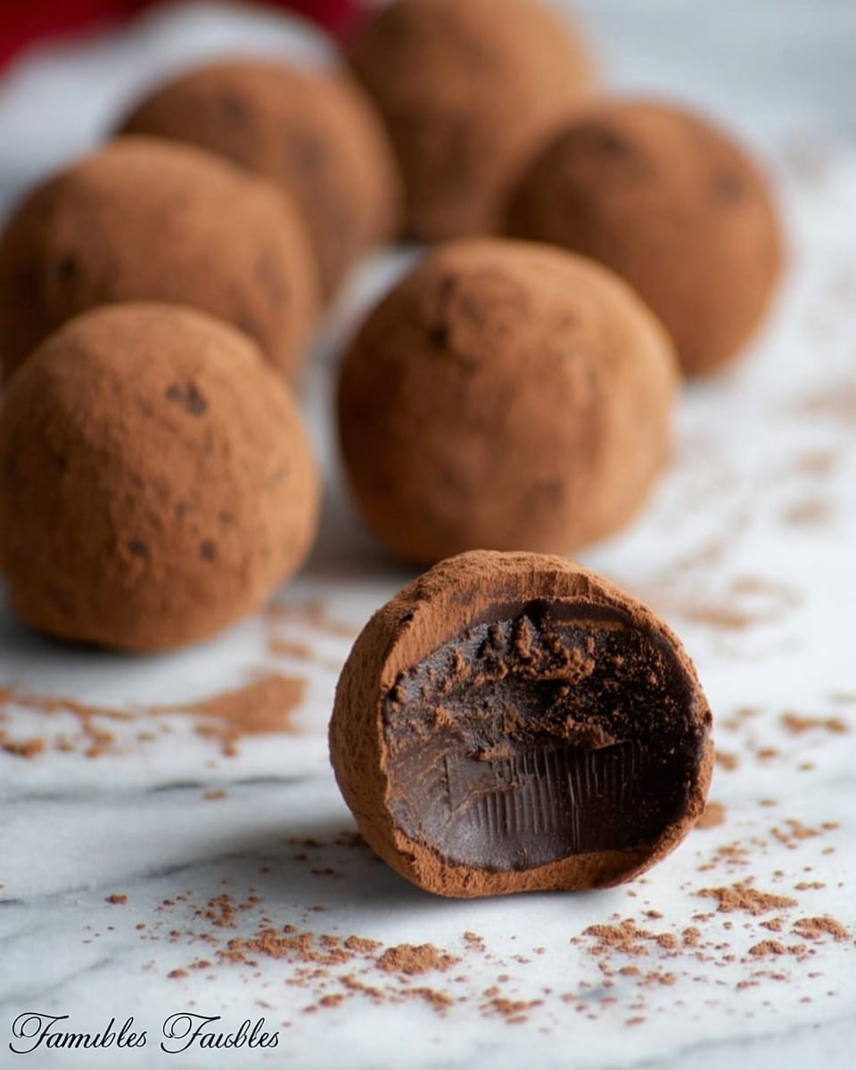 The image shows a close-up of round chocolate truffles on a white marbled surface with a red cloth blurred in the background. The truffles are covered with a light brown cocoa powder that gives a dusty texture. One truffle is cut in half and placed in the front, revealing its dense, smooth dark chocolate inside with a slightly crumbly texture. Cocoa powder spills lightly around the truffles on the surface. Photo taken with an iphone --ar 4:5 --v 7