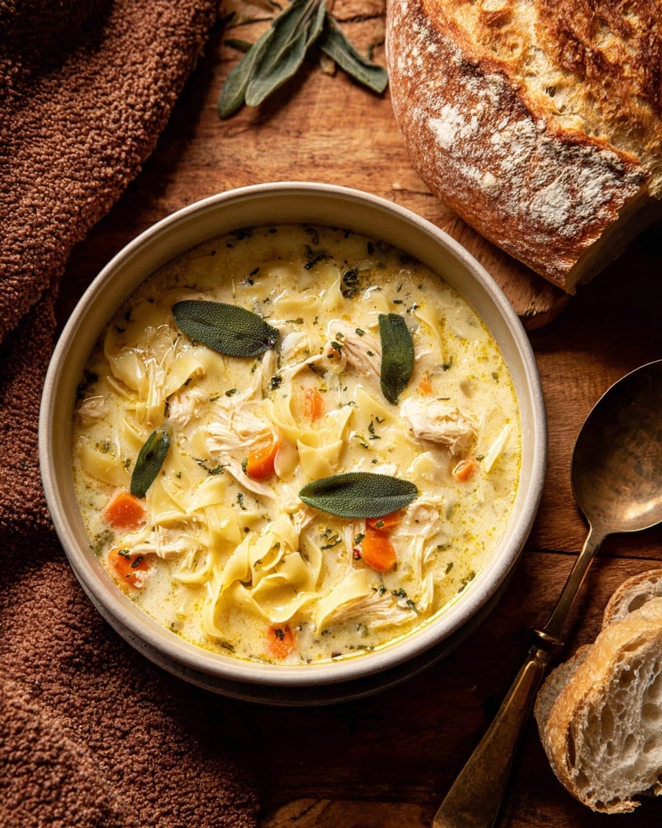 A rustic white bowl filled with creamy, light yellow soup that contains small orange carrot pieces, chunks of white chicken, and pale yellow pasta pieces with ruffled edges, all mixed with finely chopped green herbs. Three fresh sage leaves are placed on top as garnish. Next to the bowl is a piece of crusty bread with a rough, dark brown and white flour-dusted crust, resting on a wooden surface. To the right of the bread, a golden spoon and fork lie side by side. The background has a white marbled texture with a soft brown wool fabric partially visible on the left side. photo taken with an iphone --ar 4:5 --v 7