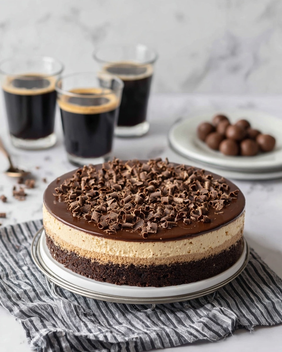 A round chocolate cake with three visible layers sits on a white plate: the bottom layer is dark and crumbly, the middle layer is light and creamy beige, and the top layer is a glossy dark chocolate ganache covered with many small chocolate curls. The cake rests on a metal stand over a black and white striped cloth on a white marbled tabletop. Behind it, there are three clear glass cups filled with black coffee, one on a white plate with small round white and dark chocolate balls scattered nearby. Photo taken with an iphone --ar 4:5 --v 7