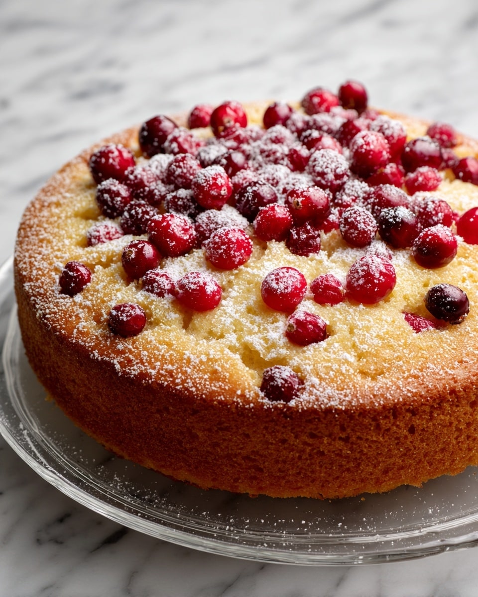 A round cake with one visible thick base layer in light golden brown, topped with a dense, slightly crumbly layer studded with bright red cherries baked into it, some cherries slightly sunken and some raised. The cake has a dusting of fine white powdered sugar lightly covering the top, adding a soft texture. It is placed on a clear textured glass plate, against a white marbled surface background. Photo taken with an iphone --ar 4:5 --v 7