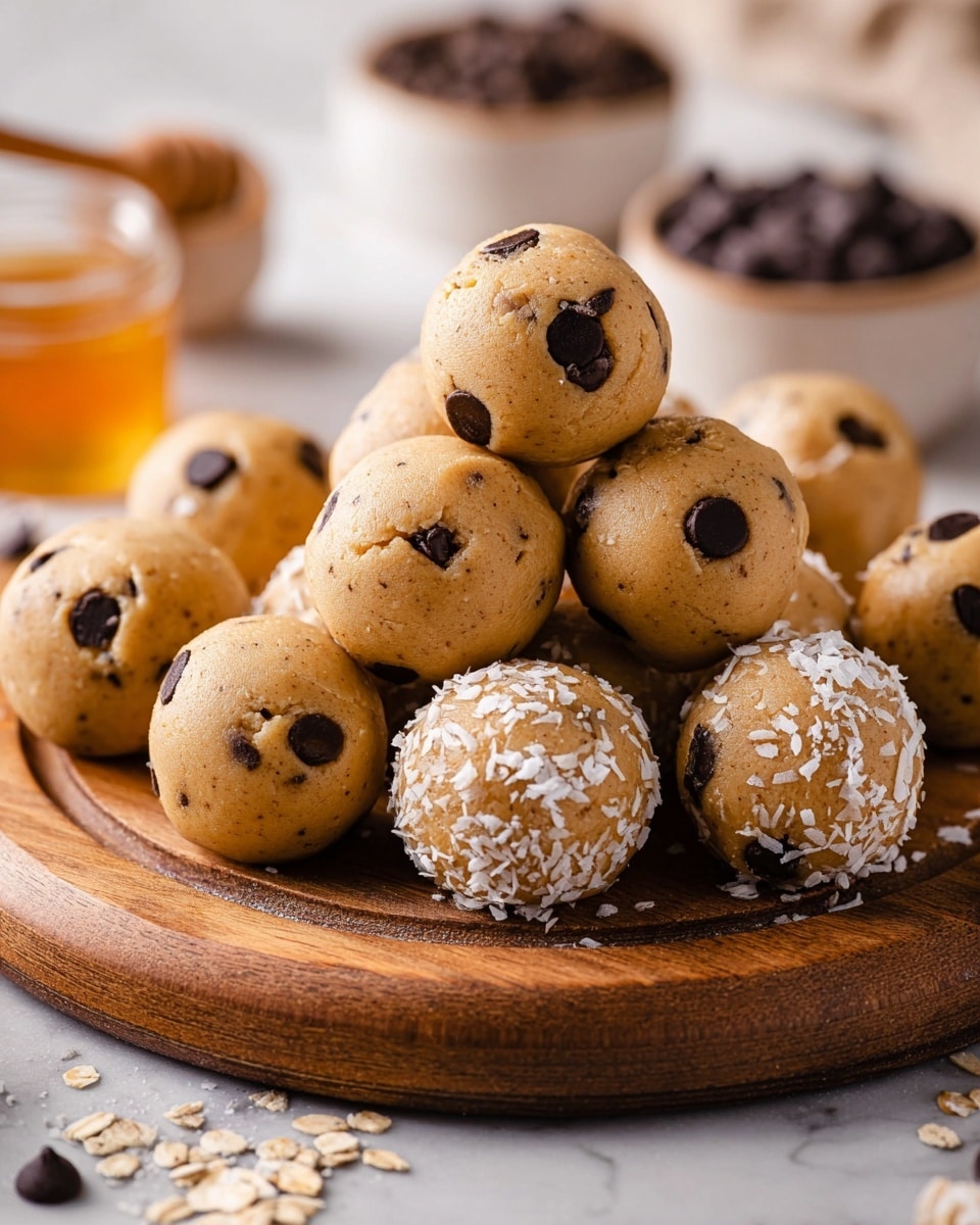 A close-up shot of a wooden round board piled with 13 light brown cookie dough balls mixed with dark chocolate chips. Most dough balls are smooth with visible chocolate chips, while three on top have pale yellow oats sprinkled over them. One dough ball at the front right side is coated in fine white coconut flakes with a single chocolate chip showing. The background features soft focus elements including white bowls filled with chocolate chips and honey on a white marbled texture surface. photo taken with an iphone --ar 4:5 --v 7