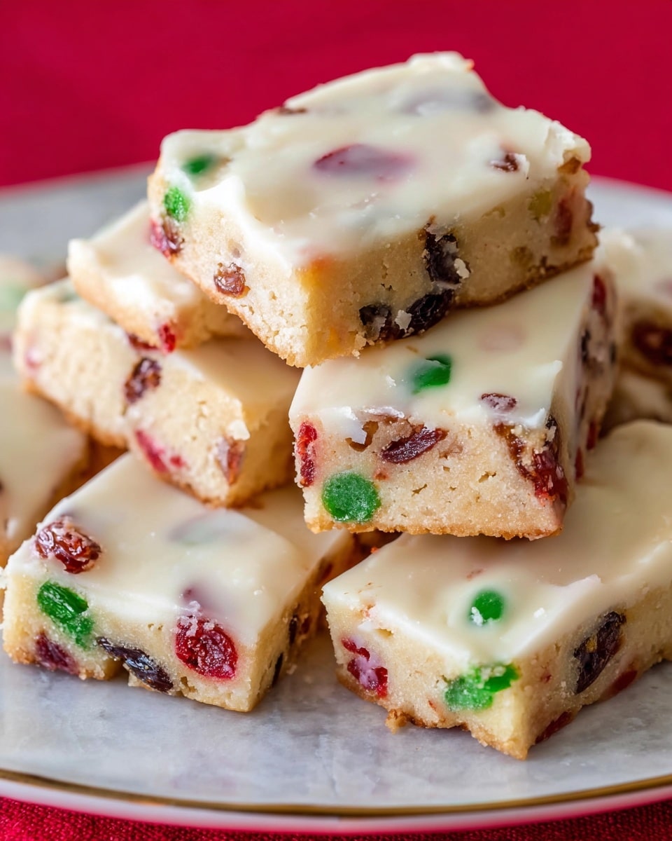 The image shows several rectangular fruitcake bars stacked on a white plate with a red edge, placed on a white marbled surface. Each bar has two layers: the bottom layer is a light golden-brown biscuit base with a slightly rough texture, and the top layer is a thick white icing that looks smooth and creamy, embedded with colorful bits of red, green, and dark brown candied fruit, evenly spread inside the icing. The bars are closely stacked, some overlapping each other. Photo taken with an iphone --ar 4:5 --v 7