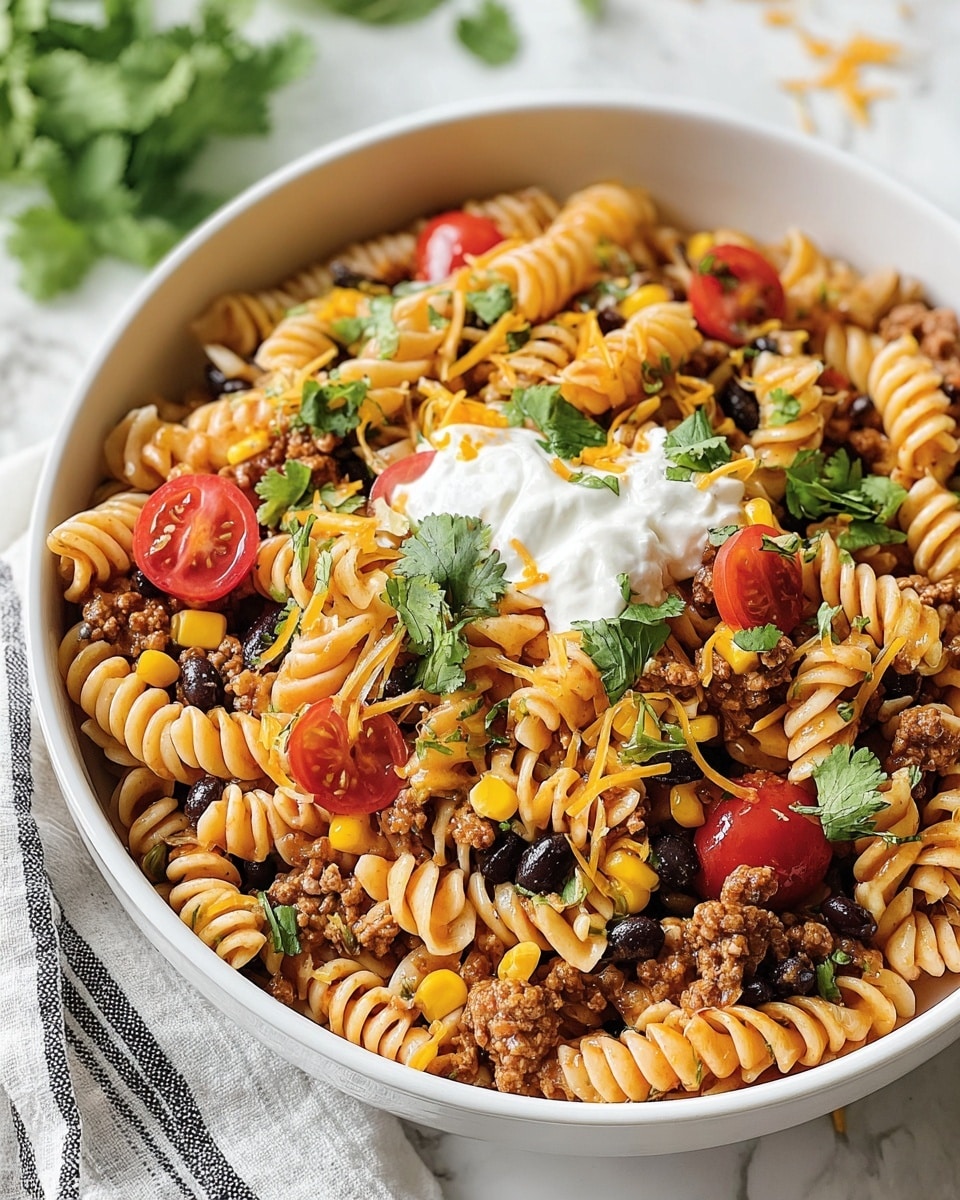A white bowl filled with spiral pasta cooked in a light reddish sauce, mixed with cooked ground meat and black beans. Yellow corn pieces and green bell pepper chunks are scattered throughout the pasta. Halved cherry tomatoes add a bright red color on top, along with small dollops of white sour cream. Fresh green cilantro leaves are spread on the top as garnish, and grated orange cheese is lightly sprinkled over the dish. The bowl rests on a white marbled surface with a striped cloth nearby. Photo taken with an iphone --ar 4:5 --v 7