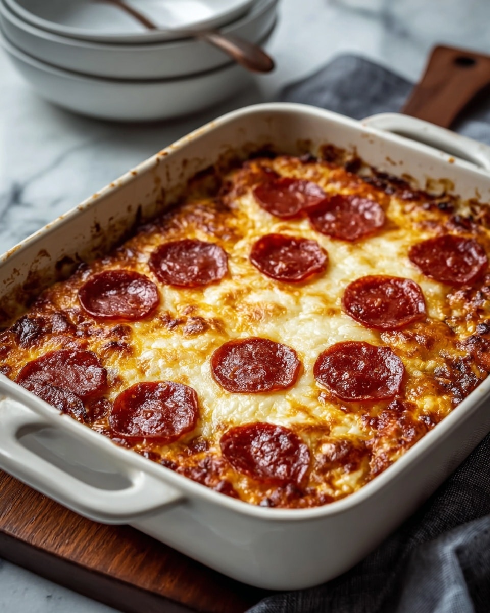 The image shows a baked dish in a white rectangular ceramic pan with handles. The top layer is golden and bubbly melted cheese with crispy brown spots, evenly spread. On top of the cheese are round pepperoni slices, scattered across the surface, each with a dark red color and shiny, slightly crisped edges. The sides of the pan show some melted cheese browned and slightly crusty from baking. The pan is placed on a dark wooden board with a grey cloth nearby, and two white bowls stacked in the blurred background. The whole scene is set on a white marbled texture. photo taken with an iphone --ar 4:5 --v 7
