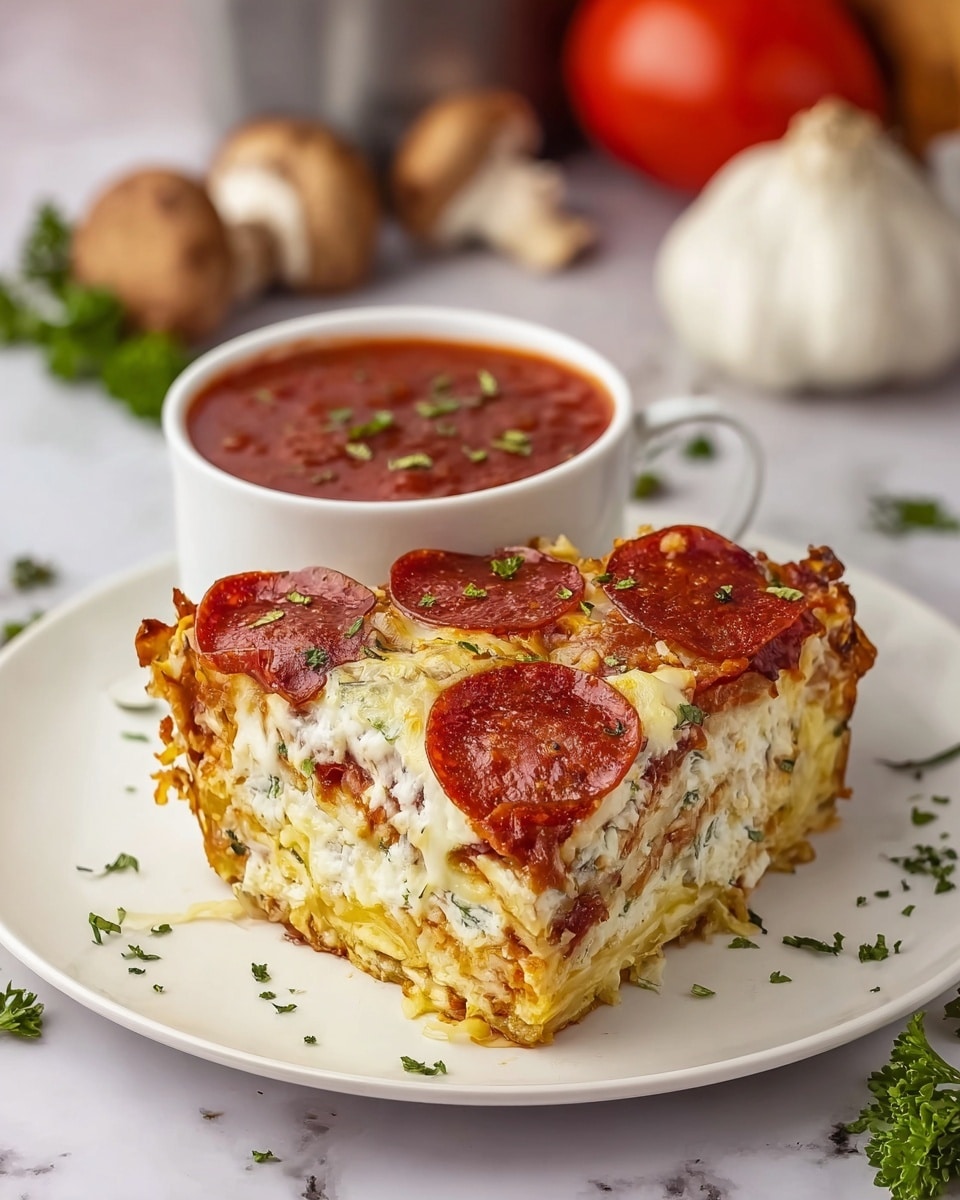 A slice of layered dish with three visible layers sits on a white plate set on a white marbled surface; the bottom layer is a light yellow and slightly crispy crust, the middle layer is creamy white with specks of herbs and texture, and the top layer is melted white cheese topped with round, bright red pepperoni slices scattered with chopped green herbs; next to the slice is a white cup filled with thick red sauce, garnished with small bits of herbs, with blurred mushrooms, garlic, and parsley in the background; some herbs are also sprinkled around the plate. photo taken with an iphone --ar 4:5 --v 7