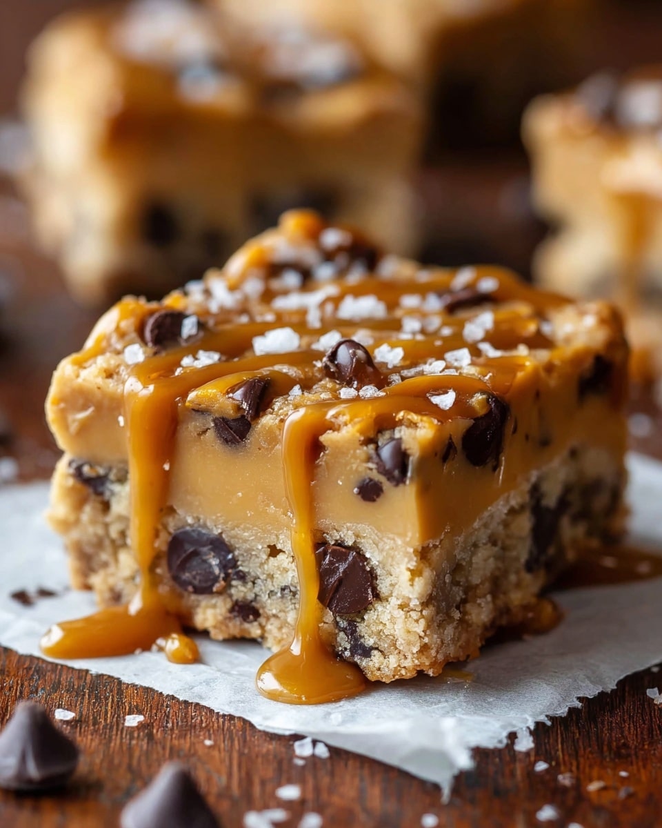 A close-up of a square dessert bar with three visible layers: the bottom and top layers are light brown, crumbly cookie dough embedded with large dark chocolate chips, while the middle layer is a smooth, creamy caramel color. The top is drizzled with thick, golden caramel sauce that drips down the sides, and there are small white salt flakes sprinkled over it. This treat sits on white wax paper placed on a wooden surface with scattered chocolate chips and crumbs around it. The photo taken with an iphone --ar 4:5 --v 7