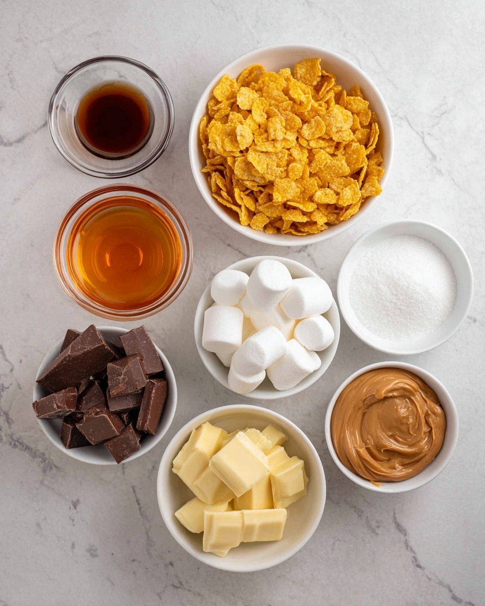 The image shows seven small white bowls arranged on a white marbled surface. In the top right, a bowl is filled with golden-brown cornflakes. Next to it on the left, a bowl holds a smooth amber-colored liquid. Below that, a small glass bowl contains a dark brown liquid, and beside it is a white bowl filled with white granulated sugar. To the right, a bowl holds large white marshmallows. Below that, two white bowls have chunks of dark brown chocolate and pale yellow white chocolate, respectively. On the bottom right, another white bowl contains creamy, brown peanut butter. All items are neatly arranged and clearly visible. Photo taken with an iphone --ar 4:5 --v 7