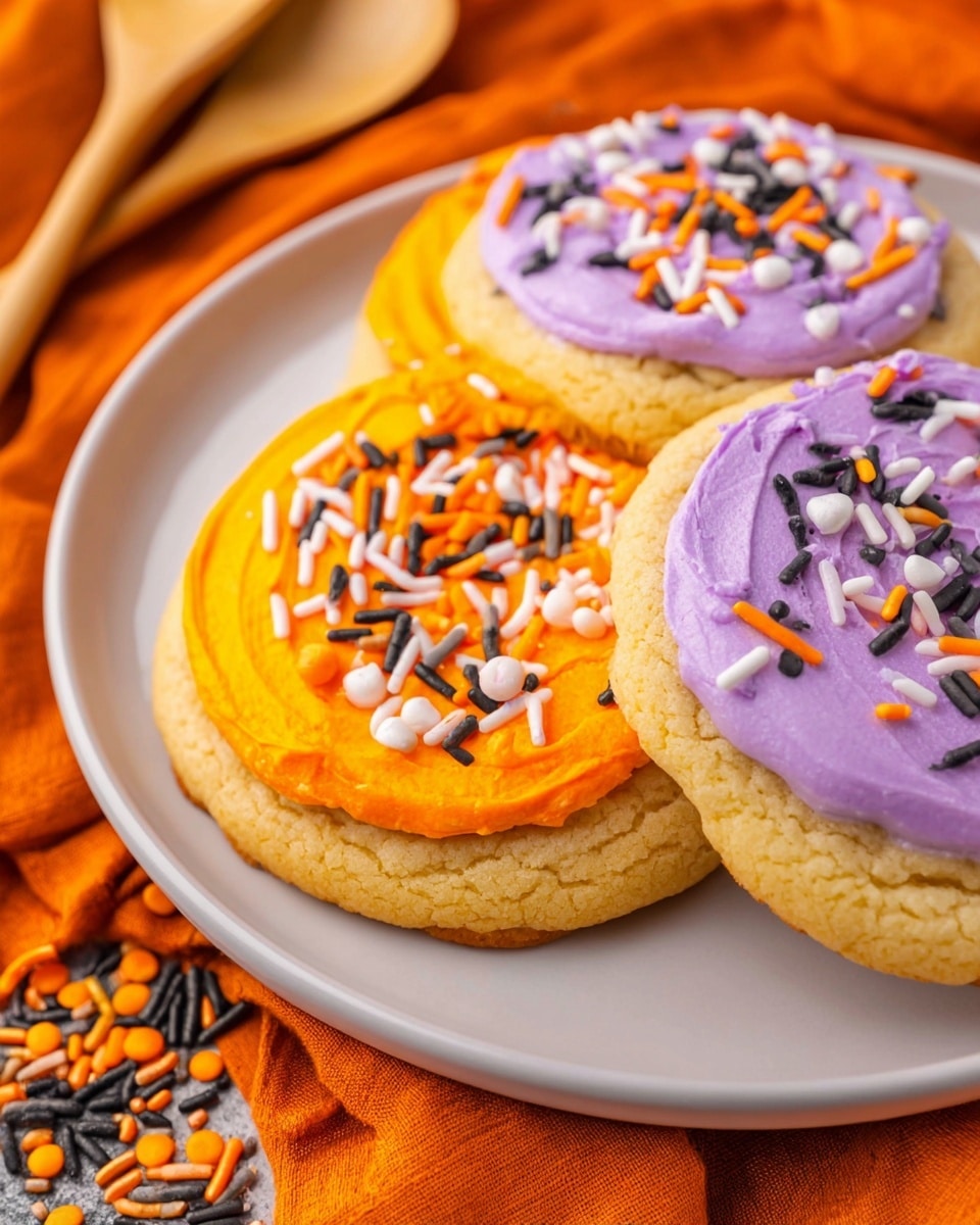 A close-up view of three soft, thick cookies arranged on a white plate, each cookie having two visible layers: a golden-brown cookie base with a slightly cracked texture and a smooth, thick layer of vibrant frosting on top. Two cookies have bright orange frosting with multicolored sprinkles in white, black, and orange shaped like tiny bats and sticks, while the middle cookie features a purple frosting topped with the same type of festive sprinkles. The plate sits on an orange cloth with wooden kitchen spoons partially visible in the background and some scattered sprinkles on the cloth. Photo taken with an iphone --ar 4:5 --v 7
