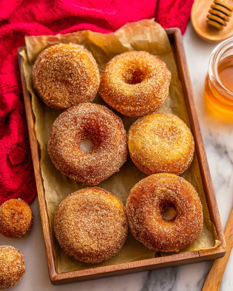 The image shows a tray filled with six round doughnuts coated with a layer of cinnamon sugar, giving them a rough, sparkling texture. The doughnuts are golden brown, and each has a hole in the middle. In the bottom left corner of the tray, there are three small round doughnut holes covered in the same cinnamon sugar. The tray is lined with brown parchment paper, and it sits on a white marbled surface. Behind the tray, a bright red cloth adds a pop of color, and a wooden spoon and a glass of honey are partially visible on the right side. Photo taken with an iphone --ar 4:5 --v 7