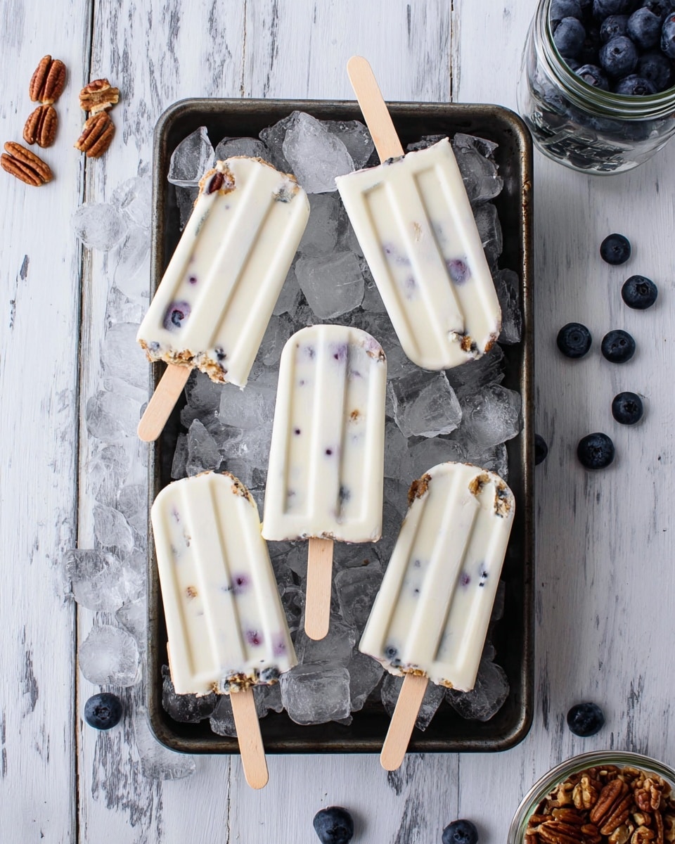 The image shows six creamy white popsicles with small bits of dark blueberries and nuts inside, arranged on top of ice cubes in a dark metal tray placed on a white marbled wooden surface. Each popsicle has a wooden stick, with some sticks overlapping and crossing each other. Three of the popsicles have a smooth, rounded top while the other three have a slight bite taken out of them near the top, exposing a creamy inside mixed with bits. Around the tray, there are scattered dark blueberries and a glass jar filled with blueberries on the upper right side, and a small glass bowl with pecan pieces on the lower left side. The overall look is fresh and inviting, with a cool tone due to the ice and white marbled wood. Photo taken with an iphone --ar 4:5 --v 7