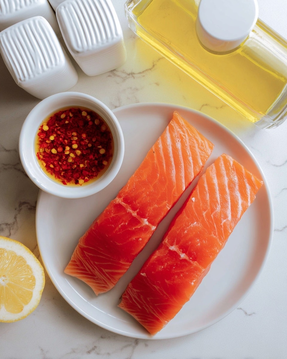 Two bright orange raw salmon fillets with visible white lines run through each fillet, placed side by side on a white round plate at the lower right corner of the image. Above the plate is a transparent glass bottle with a white cap containing yellow oil. To the left of the salmon is a small white round bowl filled with a reddish-brown sauce that has visible chili flakes. Near the bowl is a half-cut lemon showing its yellow juicy interior. In the upper left corner are two white rectangular containers with a striped texture placed side by side on a white marbled surface. photo taken with an iphone --ar 4:5 --v 7