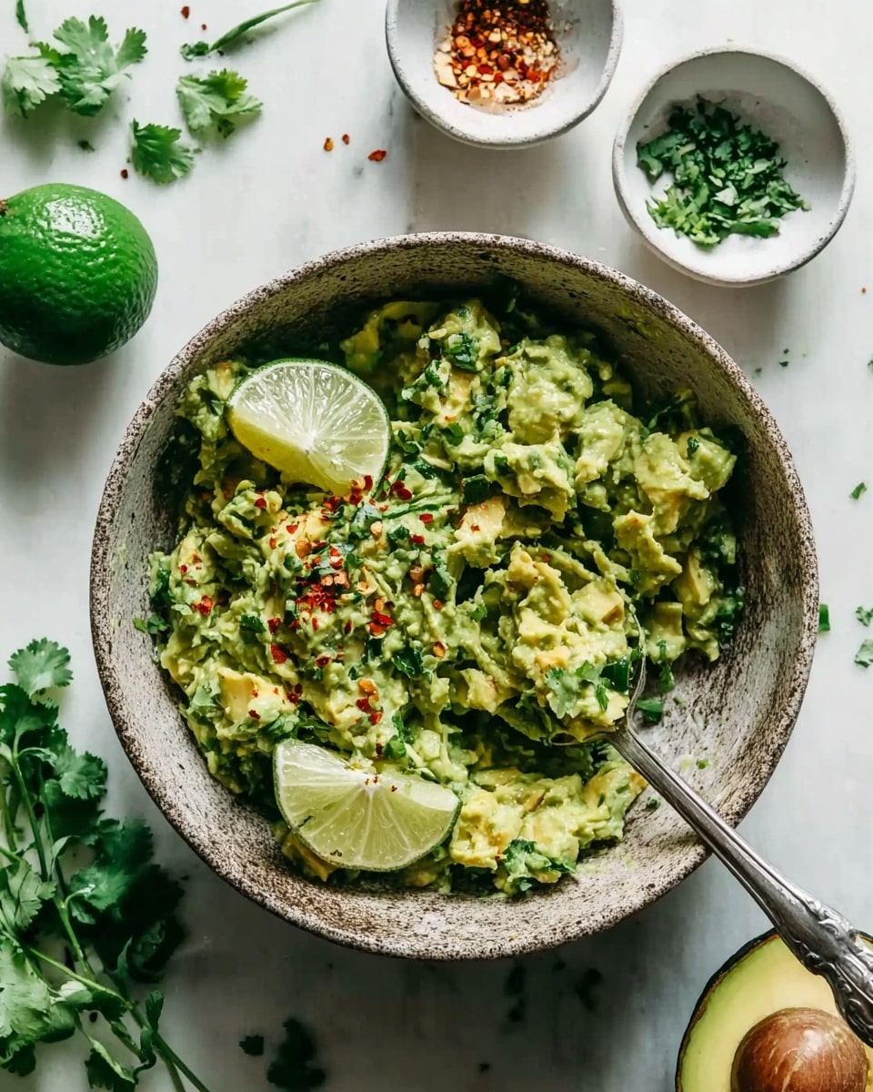 The image shows a bowl with green guacamole that looks chunky with some small pieces of avocado visible, mixed with chopped cilantro and sprinkled with red chili powder. Two halves of a lime wedge sit on one side inside the bowl. A metal spoon is partly dipped into the guacamole, leaning against the bowl's edge. Around the bowl, there are sprigs of cilantro and two small white bowls, one with green herbs or spices and the other with reddish seasoning. The scene sits on a white marbled surface with a whole green lime and half of an avocado nearby. photo taken with an iphone --ar 4:5 --v 7
