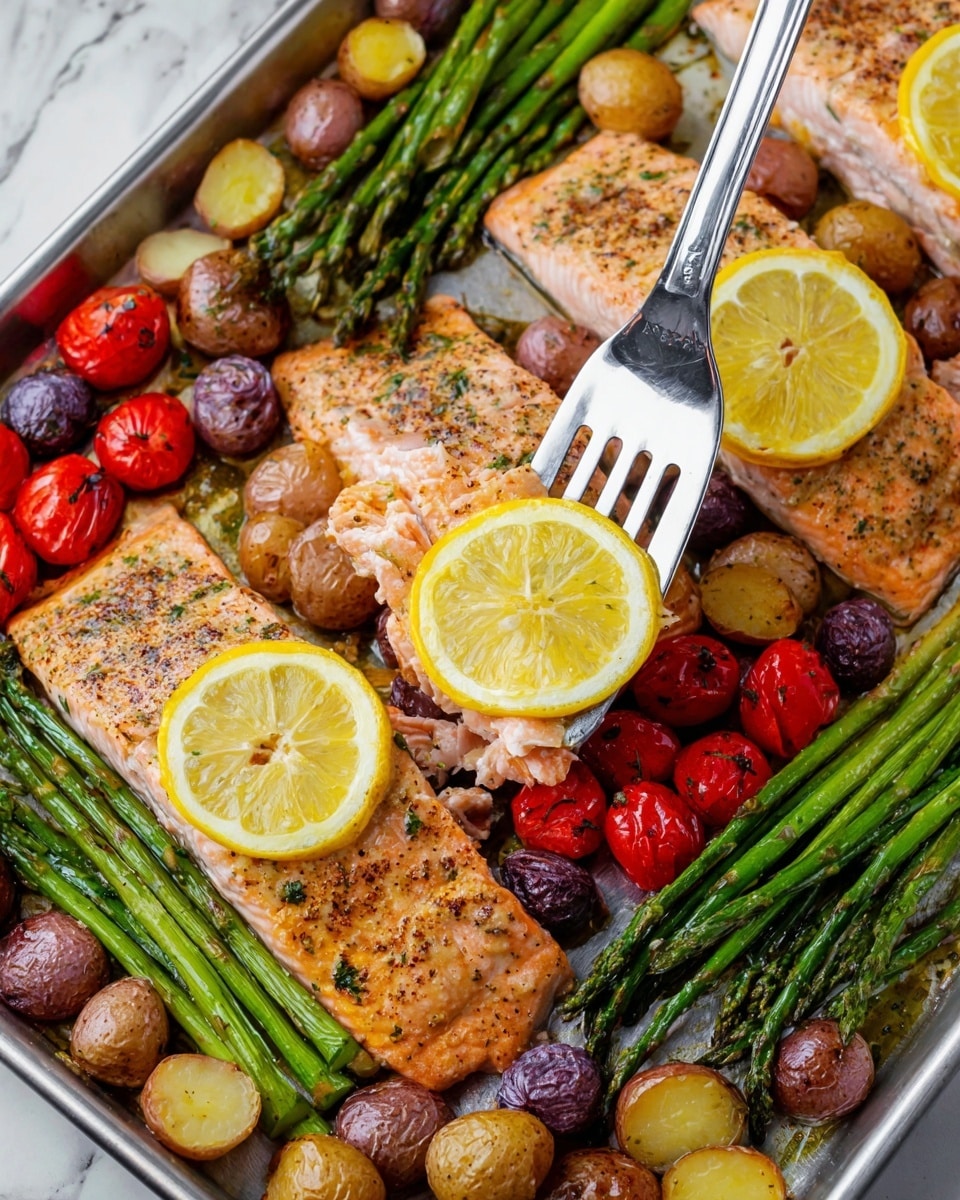 The image shows three cooked salmon fillets, each topped with a bright yellow lemon slice. The salmon has a light pink color with a crispy, slightly charred texture. Surrounding the salmon are green asparagus spears, small red grape tomatoes on the vine, and mixed small potatoes in shades of light brown and purple. The vegetables look roasted, with a shiny, juicy appearance. A silver spatula is lifting one piece of salmon. All the food is on a baking sheet set on a white marbled surface. photo taken with an iphone --ar 4:5 --v 7