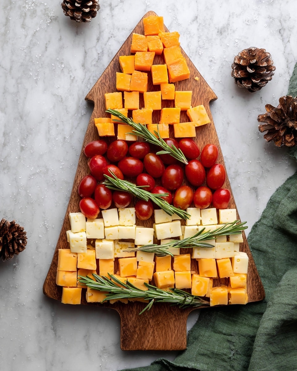 A wooden board shaped like a Christmas tree holds layers of colorful food arranged neatly in rows. The top layer has small, bright orange cheese cubes in a pyramid shape. Below that is a layer of red grape tomatoes, followed by white and orange marbled cheese cubes. Next is a layer of yellow cheddar cheese cubes, then another row of red grape tomatoes. The bottom layer has more white and orange marbled cheese cubes. Two sprigs of fresh rosemary decorate the board, placed between layers and at the base. The board sits on a white marbled surface with green cloth on the right and pinecones scattered around. Photo taken with an iphone --ar 4:5 --v 7