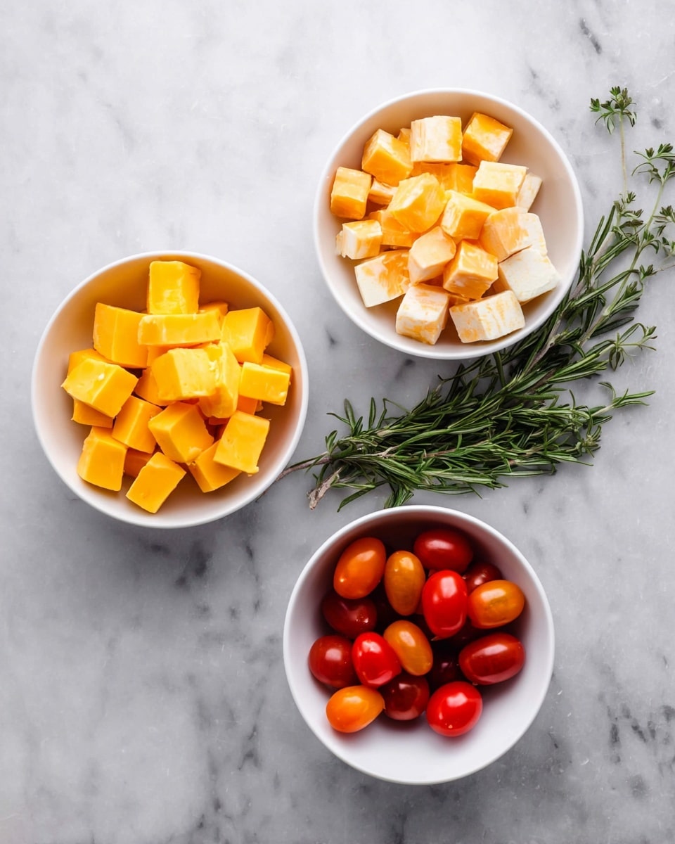 Three white bowls are placed on a white marbled surface. The bowl on the bottom left is filled with bright yellow cheese cubes, smooth and solid. The bowl on the top right contains pale orange and white marbled cheese cubes, with a slightly softer texture. The small bowl in the center holds a mix of red and orange cherry tomatoes, smooth and shiny. A small bunch of green rosemary lies to the left of the bowls, adding a fresh touch. photo taken with an iphone --ar 4:5 --v 7