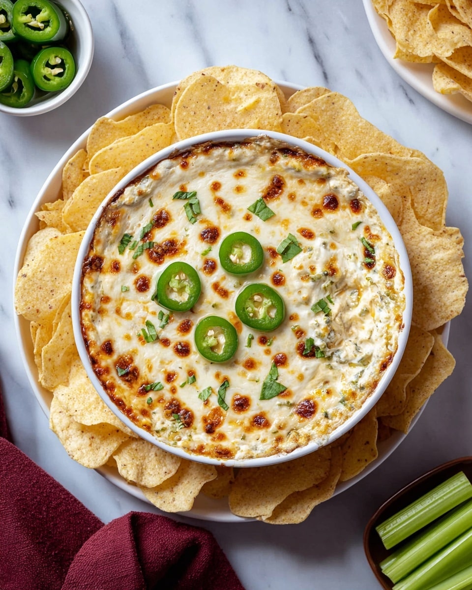 A white bowl is filled with a creamy, baked dip that has a browned, bubbly cheese layer on top with small golden and darker brown spots. The dip is garnished with six slices of green jalapeño peppers and scattered chopped green herbs. The bowl sits on a larger white plate, which is surrounded by curved, light yellow tortilla chips. The whole setup is placed on a white marbled surface, with a small white bowl of sliced jalapeños on the left and a plate of celery sticks on the right, both partly visible. In the lower left corner, a folded maroon cloth adds color contrast. Photo taken with an iphone --ar 4:5 --v 7