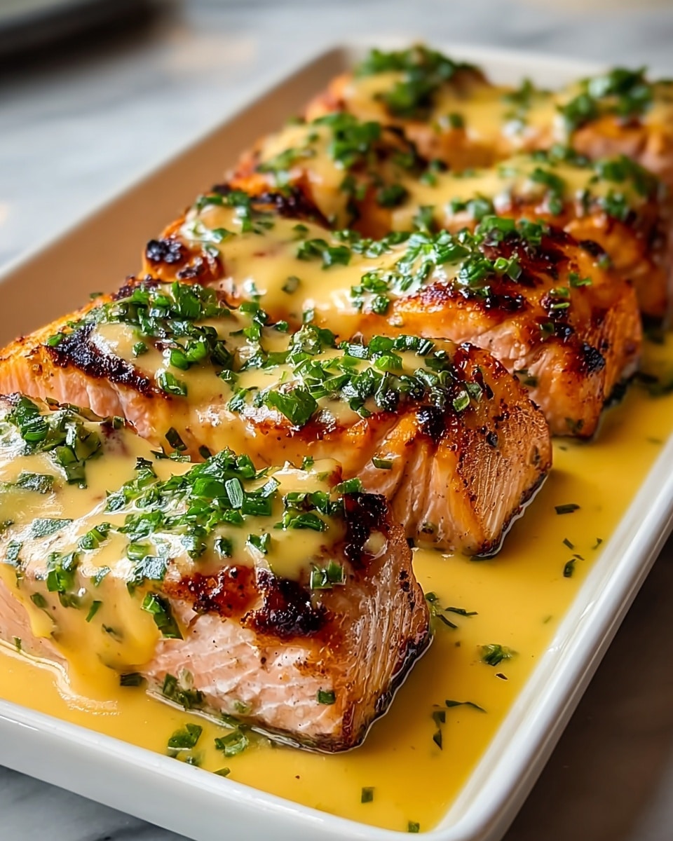 The dish shows a white rectangular plate filled with eight thick grilled salmon pieces arranged in two rows of four. Each piece has a light pink interior and a browned, slightly charred outer layer. A smooth, creamy yellow sauce is drizzled over each salmon piece, pooling slightly at the bottom of the plate. Small green chopped herbs are sprinkled generously on top of the sauce, adding vibrant color and texture contrast. The plate is set on a white marbled surface, with the focus close on the salmon to highlight its juicy texture and rich seasoning. photo taken with an iphone --ar 4:5 --v 7