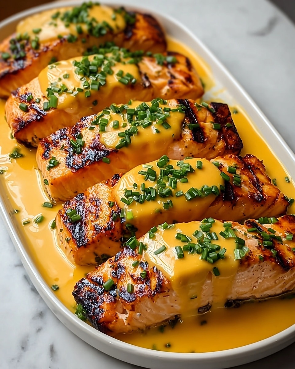 This image shows eight thick, grilled salmon fillets arranged closely in two rows on a white plate, each piece showcasing a crisp, slightly charred golden-brown crust with visible grill marks. Each fillet is topped with a smooth, glossy orange-yellow sauce that drips slightly down the sides, giving a rich, creamy look. Fresh green chopped herbs, likely chives and parsley, are sprinkled generously over the sauce, adding a fresh contrast in color. The plate sits on a white marbled surface, with the sauce pooling slightly around the base of the fish, enhancing the moist and juicy appearance of the dish. photo taken with an iphone --ar 4:5 --v 7