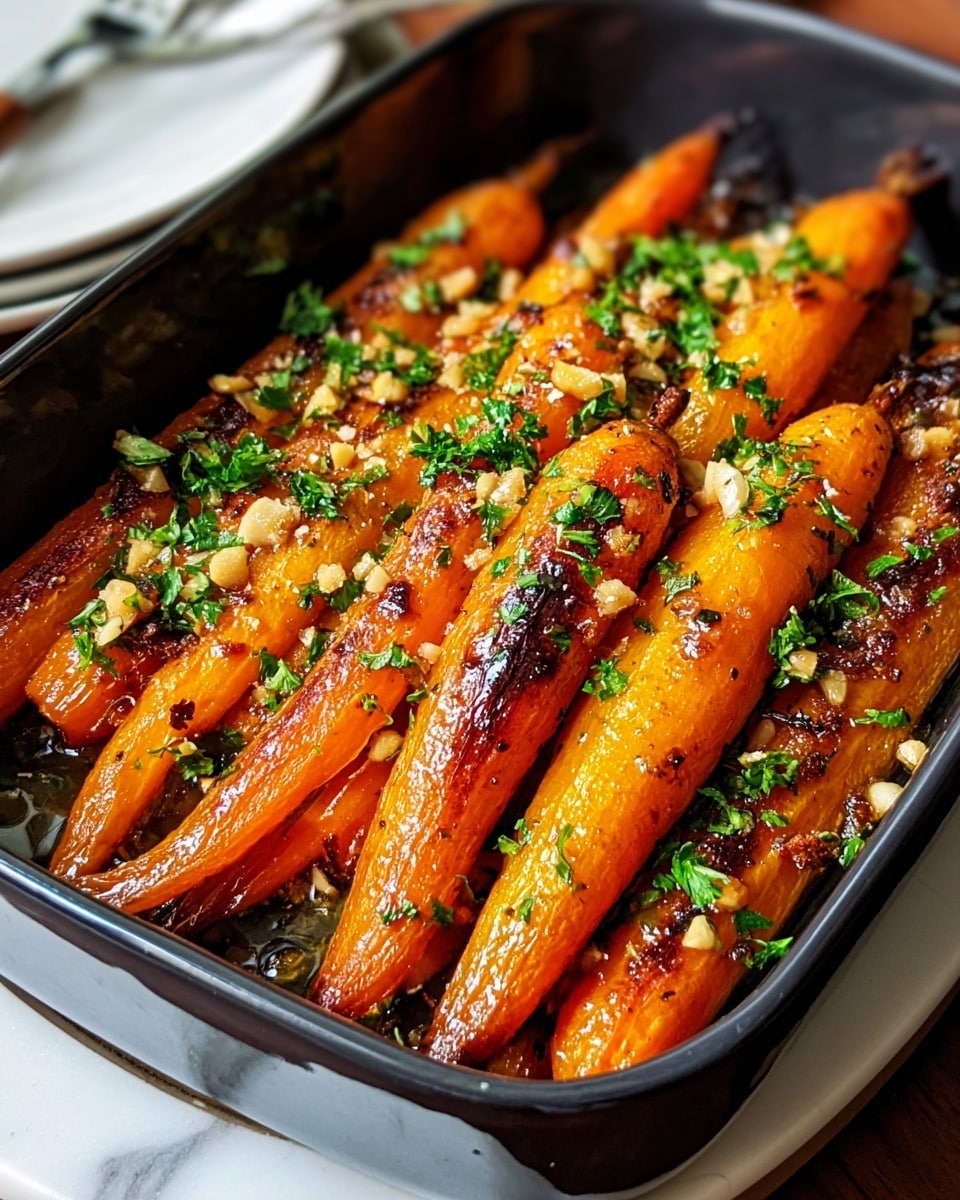 The image shows a dark rectangular dish filled with glazed roasted carrots arranged in a single layer, each carrot having a shiny golden orange color with some dark charred spots. The carrots are sprinkled with fresh green chopped herbs and small bits of garlic or nuts, adding texture and color contrast. The dish sits on a white marbled surface with a white plate partially visible in the background. The scene looks warm and inviting, highlighting the rich caramelized surface of the carrots. photo taken with an iphone --ar 4:5 --v 7