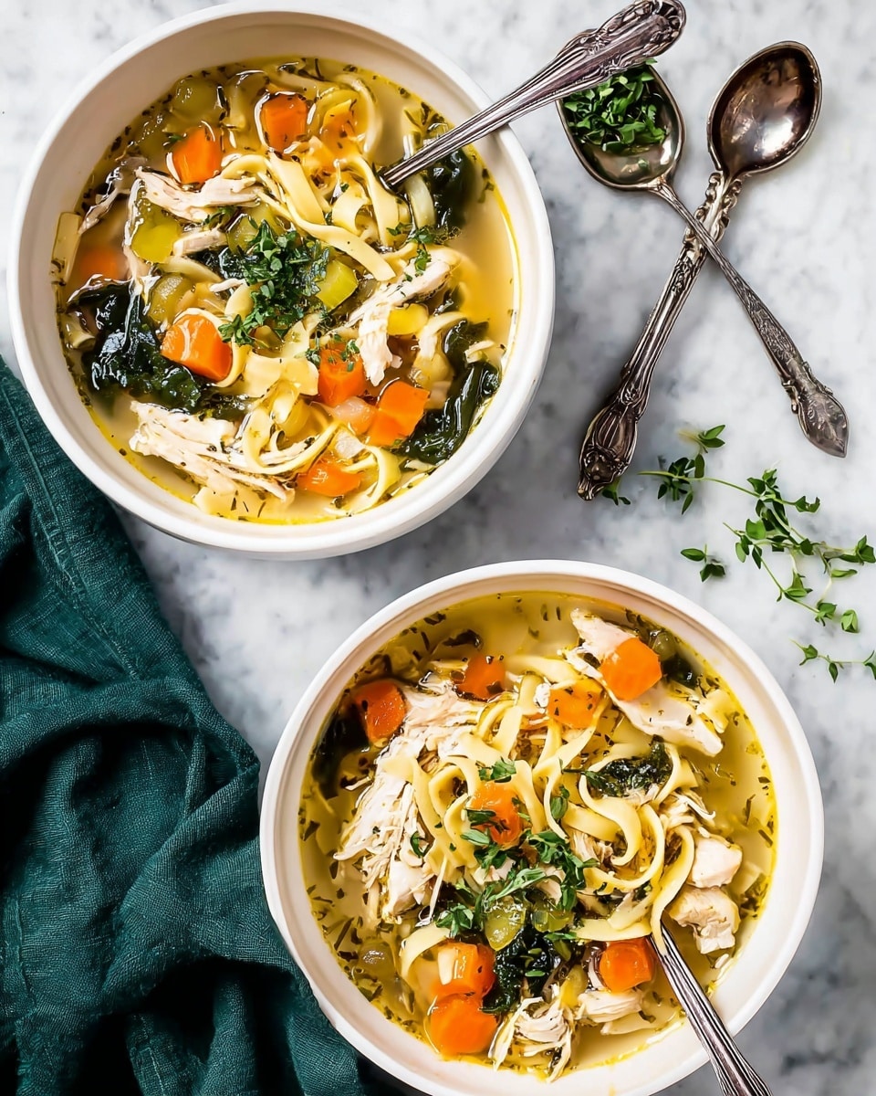Two white bowls filled with chicken noodle soup sit on a white marbled surface. Each bowl shows clear broth with visible ingredients layered inside: chunks of cooked chicken, orange carrot slices, small green celery pieces, wilted dark green spinach leaves, and flat light yellow noodles twisted on top. Both bowls are garnished with fresh green herbs. One bowl has a silver spoon resting inside, while two silver spoons with small green herbs lie nearby. A dark green cloth is also visible beside the bowls. photo taken with an iphone --ar 4:5 --v 7