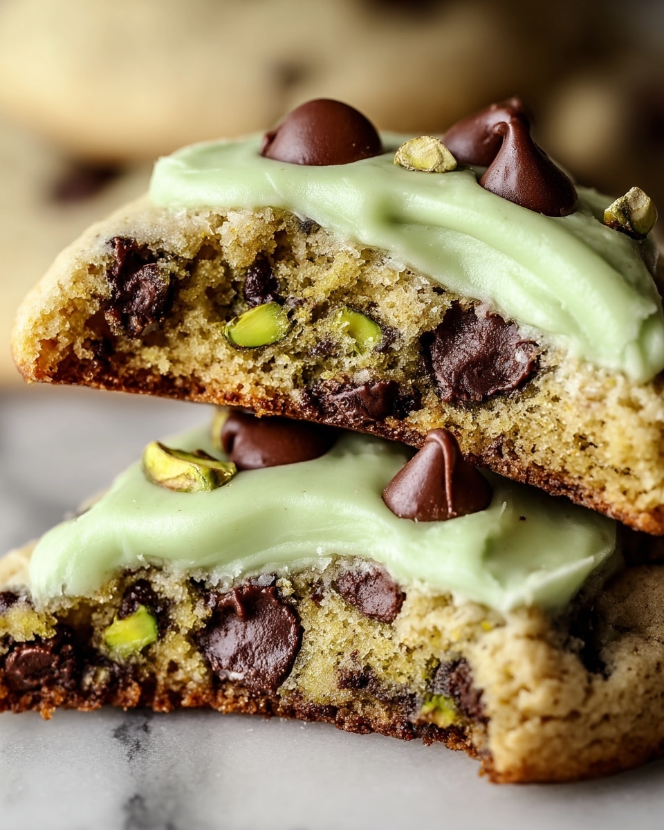 The image shows a close-up of a cookie broken in half to reveal its inside. The cookie has three layers: a crumbly, light golden brown base with visible pieces of pistachio and chocolate chips embedded inside, a smooth layer of light green frosting spread thickly on top, and a topping of large, shiny dark chocolate chips and chopped green pistachios scattered across the frosting. The cookies are placed on a white marbled surface. photo taken with an iphone --ar 4:5 --v 7
