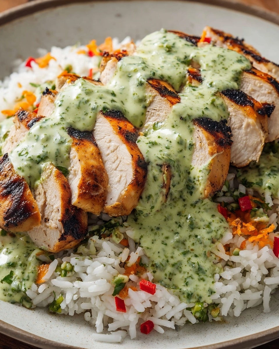 A close-up view of several thick slices of grilled chicken breast with a light brown char on the edges, placed on a bed of white rice mixed with small bits of orange and red garnish. The chicken slices are topped generously with a creamy, chunky green sauce that has visible herb pieces mixed inside. The dish is served on a round white plate set on a white marbled surface, with a soft natural light highlighting the textures and colors of the food. photo taken with an iphone --ar 4:5 --v 7