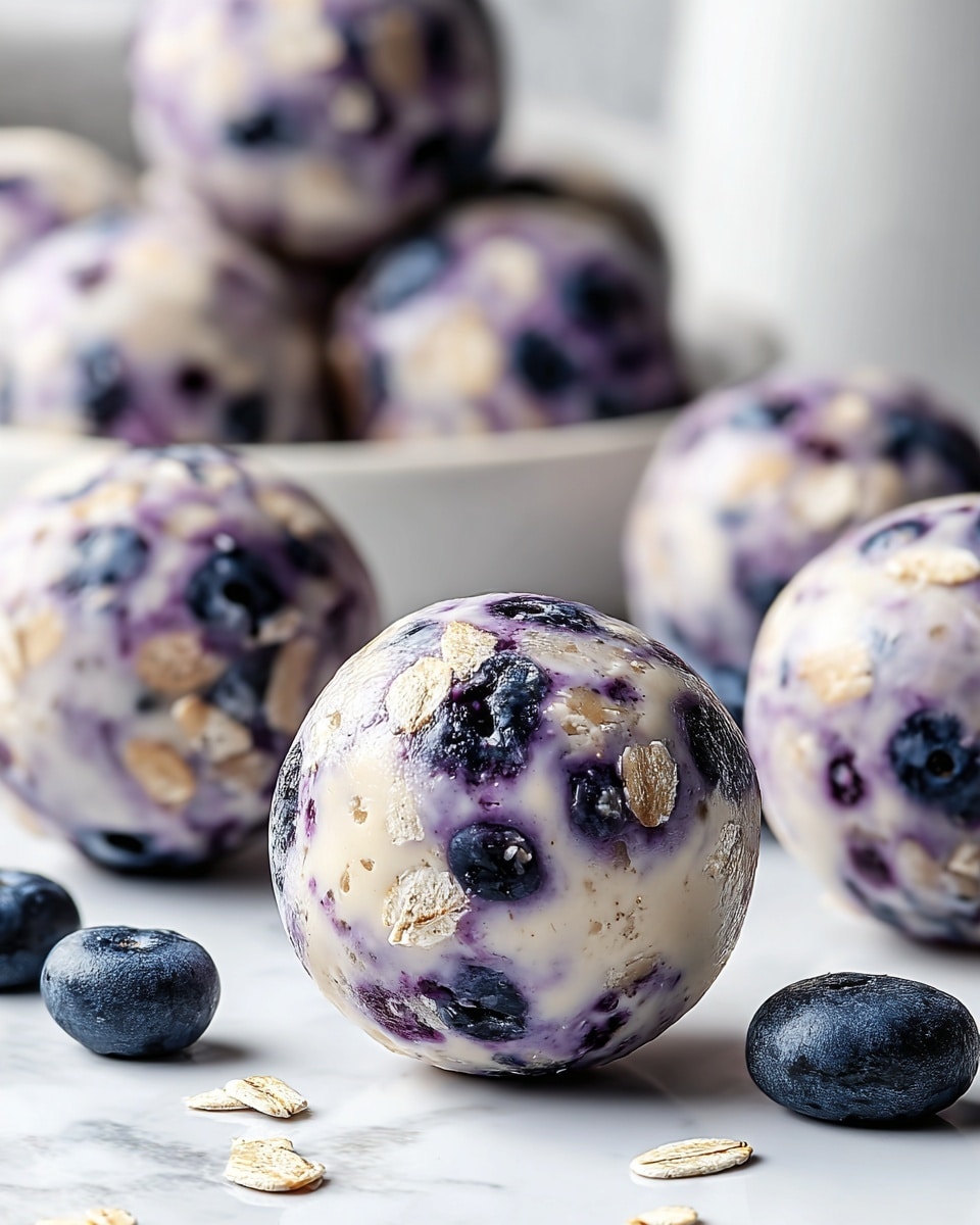 The image shows several round energy balls with a smooth, creamy outer layer that is a mix of pale purple and white. The balls have visible embedded blueberries and oat flakes throughout their surface. They are placed on a white marbled surface with some scattered blueberries nearby. In the background, a white plate holds more of these energy balls, slightly blurred to keep focus on the front ones. The texture looks moist and chewy, with the oats adding some roughness. photo taken with an iphone --ar 4:5 --v 7