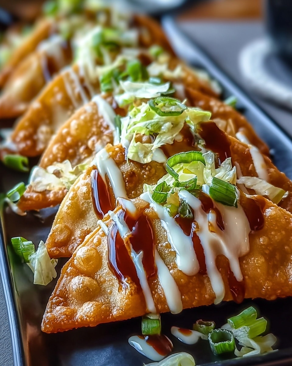 The image shows a close-up of a row of golden-brown crispy dumplings, each folded into a triangular shape with a bubbly texture on the surface. The dumplings are placed side by side on a black rectangular tray. Each dumpling is drizzled with two sauces: a thick, dark brown sauce and a creamy white sauce, both flowing over the edges and pooling slightly on the black tray. On top of the dumplings, there are chopped fresh green onions and small bits of light green cabbage or lettuce scattered evenly, adding a pop of bright green color. The background is softly blurred, focusing fully on the dumplings. Photo taken with an iphone --ar 4:5 --v 7