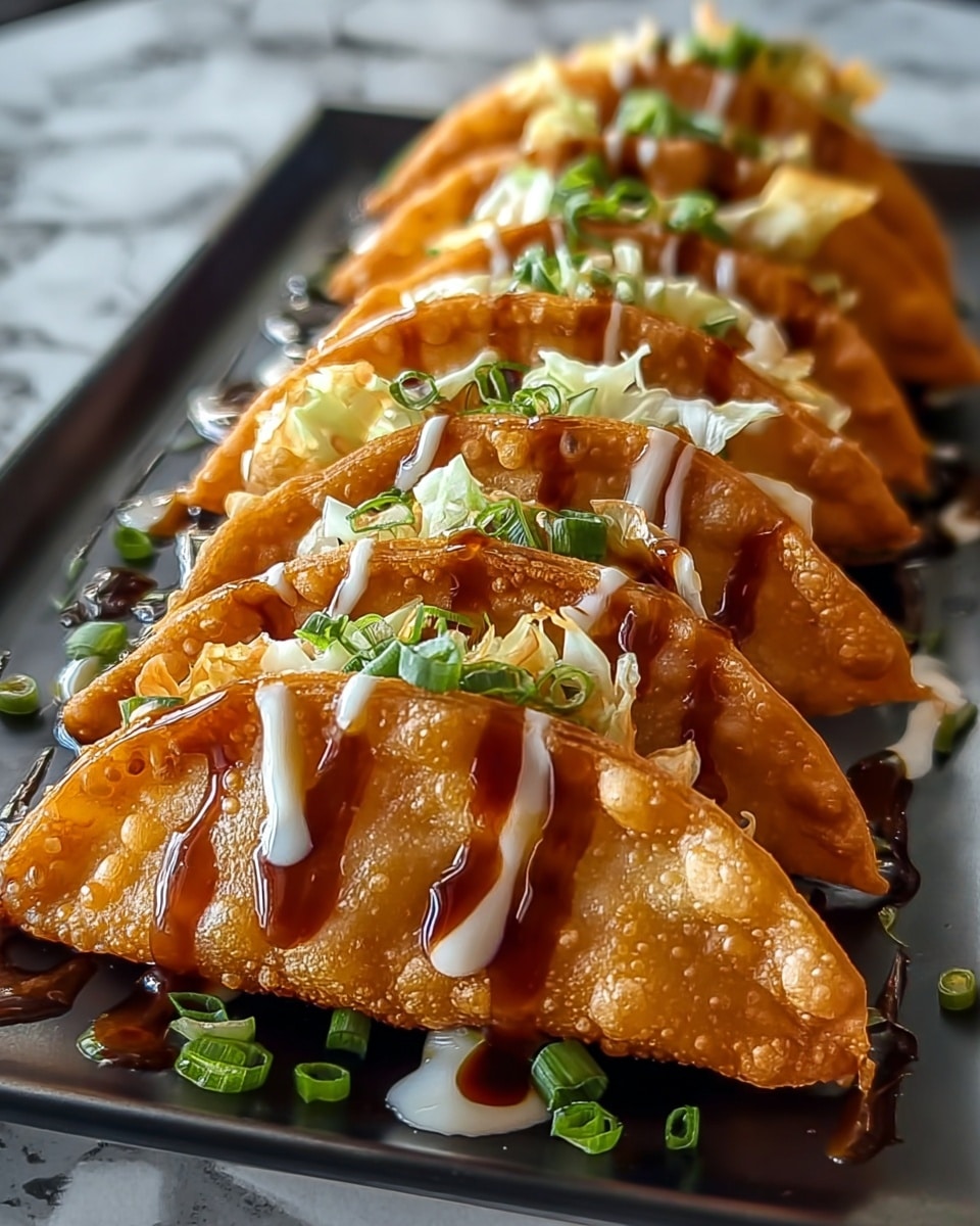 A black rectangular plate holds a row of five golden-brown fried dumplings, each folded into a crescent shape with a crispy, bubbly texture. The dumplings are topped with scattered chopped green onions and small bits of pale cabbage. They are drizzled with dark brown sauce and a light white sauce in alternating thin lines across the tops, adding a glossy shine. Drops of sauce are also visible around the plate edges. The background shows a white marbled texture surface with slight blur. Photo taken with an iphone --ar 4:5 --v 7