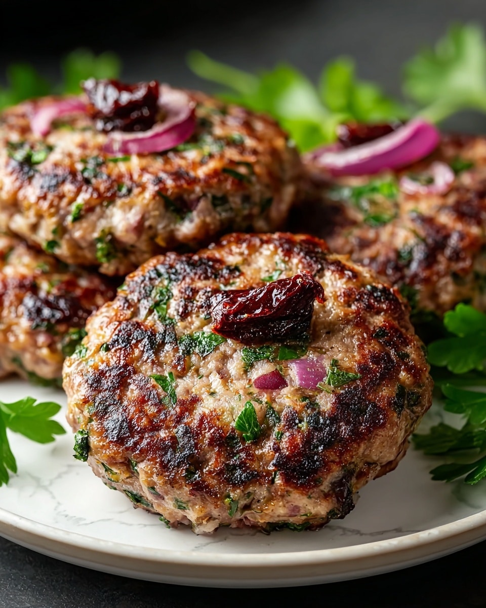 The image shows three thick grilled patties on a round white plate, placed on a white marbled surface. Each patty has a golden-brown charred outside with small bits of green herbs mixed throughout and small pieces of red onion embedded in the meat. On top of each patty, there is a small slice of red onion and a dark sun-dried tomato piece. Fresh green parsley leaves are scattered around the plate, adding color and freshness to the scene. The focus is sharp on the front patty, giving the texture and herbs clear detail while the background is softly blurred. photo taken with an iphone --ar 4:5 --v 7