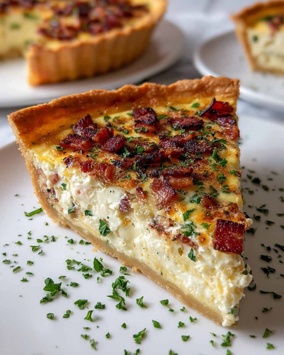 A close-up of a single slice of quiche with three visible layers: a light golden brown, flaky crust at the bottom and sides; a thick, creamy pale yellow egg and cheese filling in the middle speckled with small bits of green herbs and white chunks of cheese; and a browned top layer dotted with crispy, dark red-brown bacon pieces and sprinkled with finely chopped green herbs, all resting on a clean white plate with scattered herb pieces around it, placed on a white marbled surface with another quiche slightly blurred in the background, photo taken with an iphone --ar 4:5 --v 7